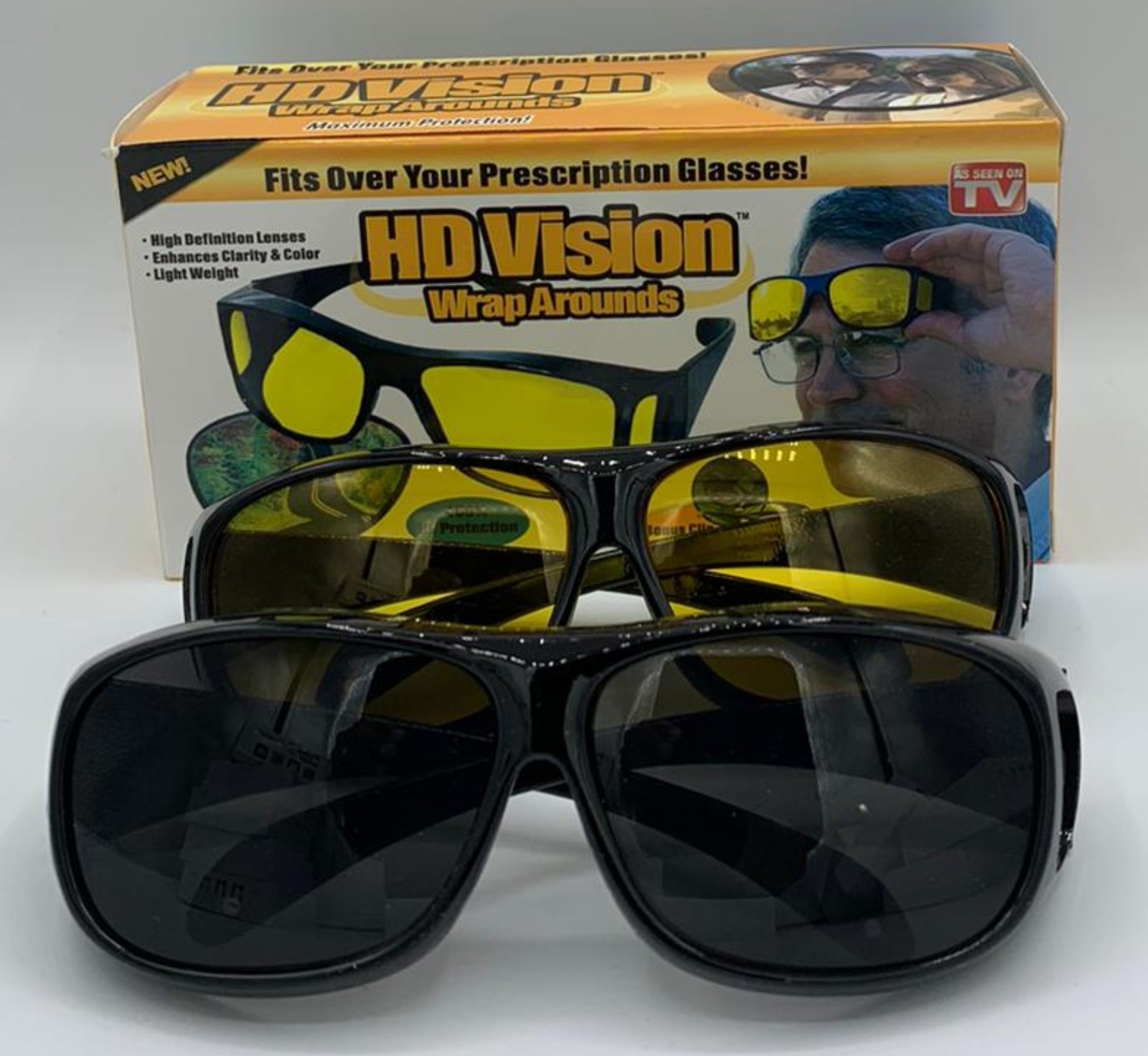 2 Pair set HD Night Vision Wraparound Fits OVER Glasses Sunglasses As Seen on TV