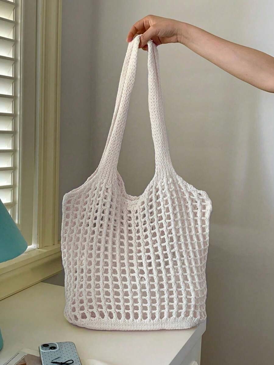 Crochet Woven Shopping Bag Hollow Out Beach Vacation Tote Foldable Mesh Bag