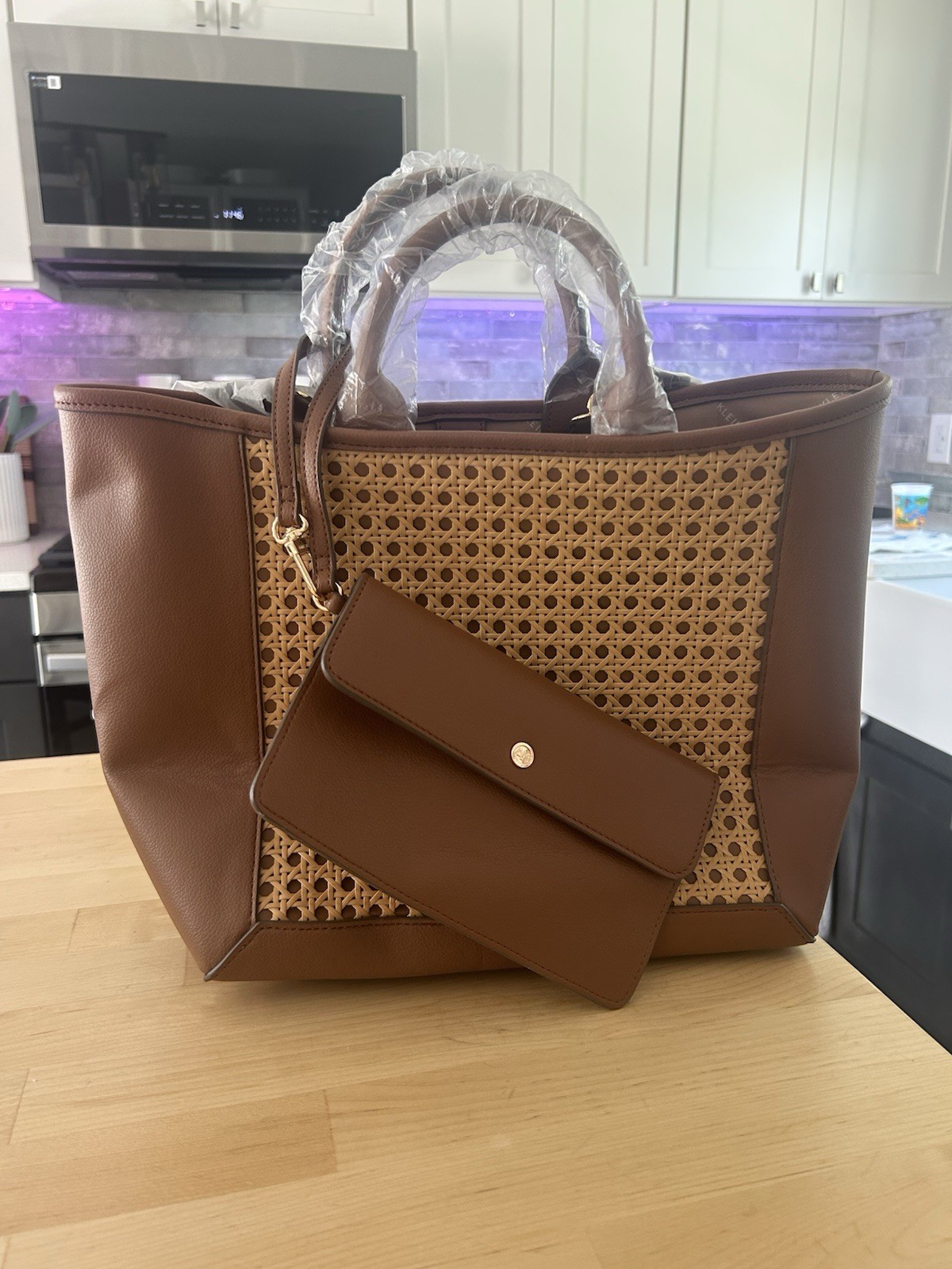 NEW Anne Klein Woven Rattan Tote Handbag Chestnut Brown Shoulder Bag NWT