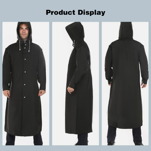 Men Black Waterproof Long Raincoat Hooded Trench Jacket Outdoor Hiking Rain Coat