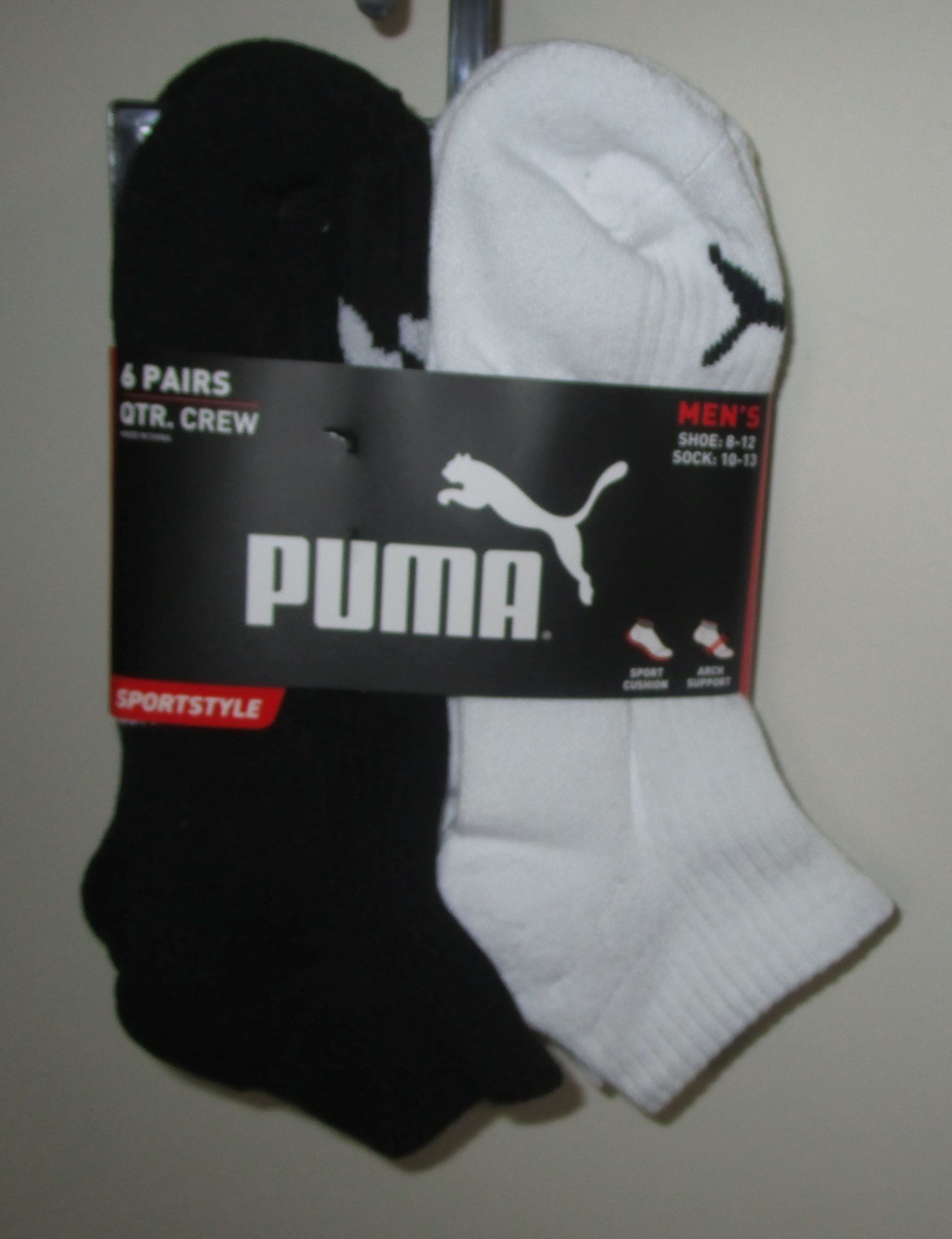 PUMA~Size 10-13~Men’s 6 Pair Black & White Sportstyle Quarter Crew Socks