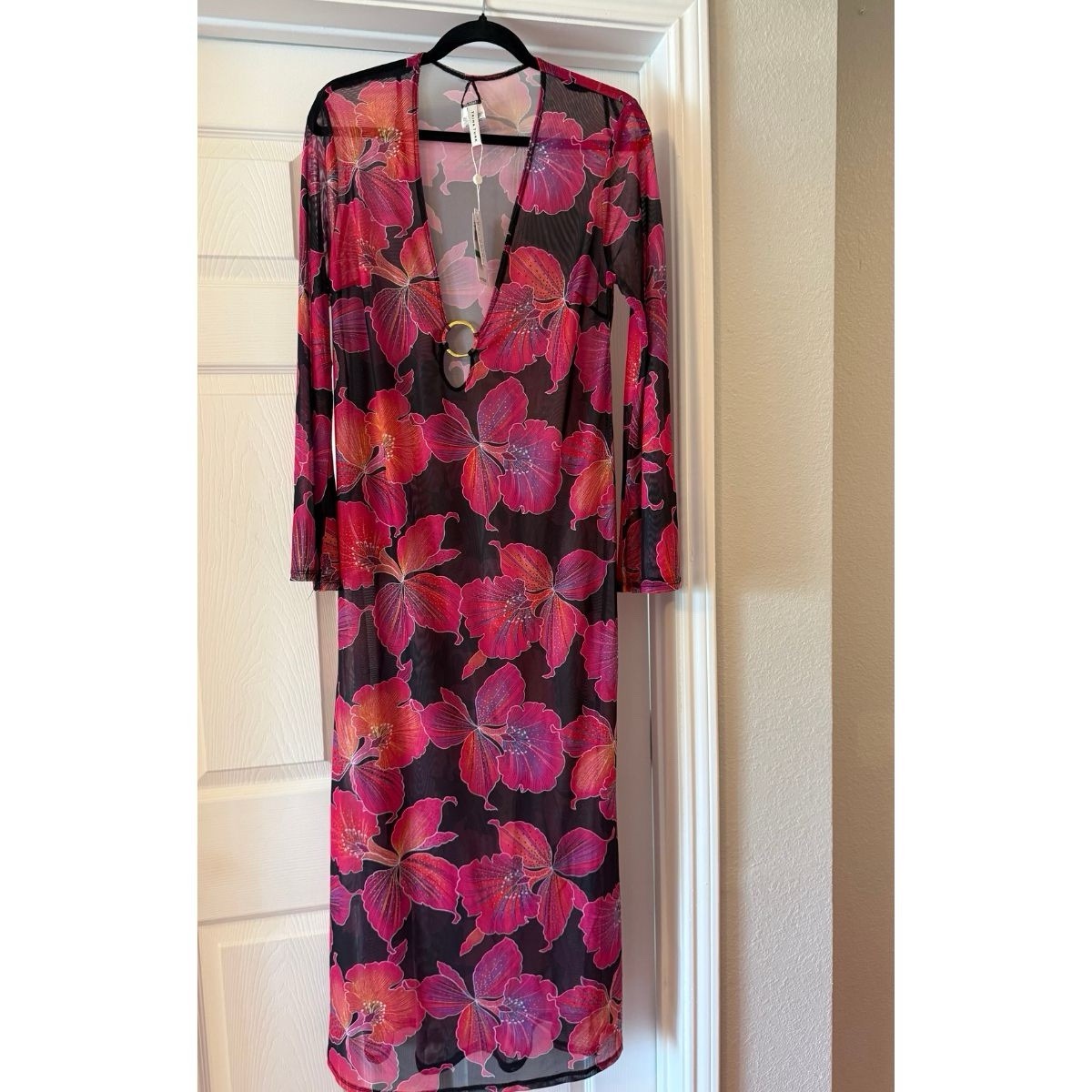Trina Turk Floral Sheer Mesh Long Sleeve V-Neck Long Dress Ring Accent L