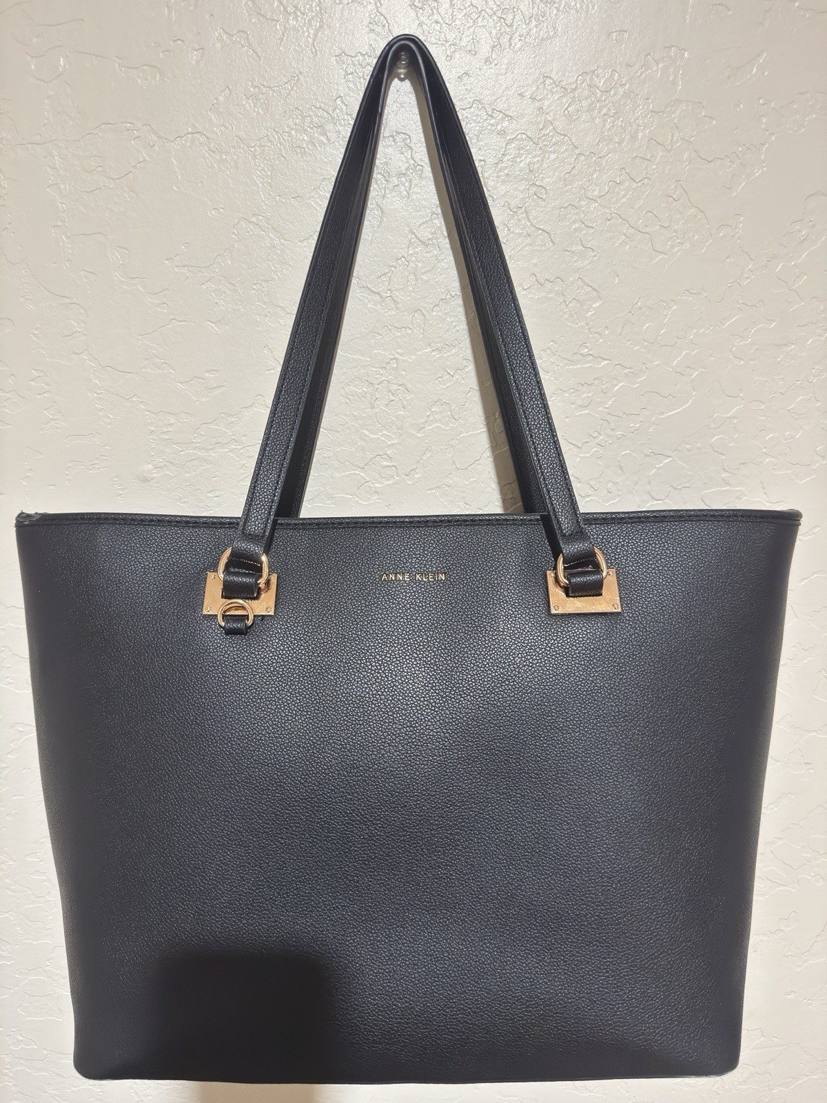 Anne Klein Women’s Work Tote Bag Black Pebbled Faux Leather Gold Hardware Purse￼