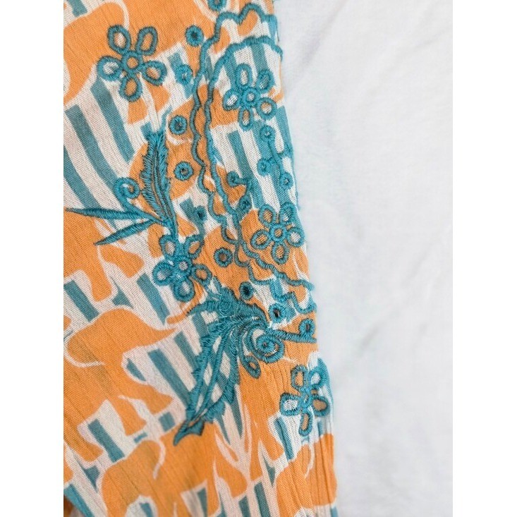 Crown & Ivy Orange Elephant Print Embroidered Peasant Blouse XS Teal Stripe