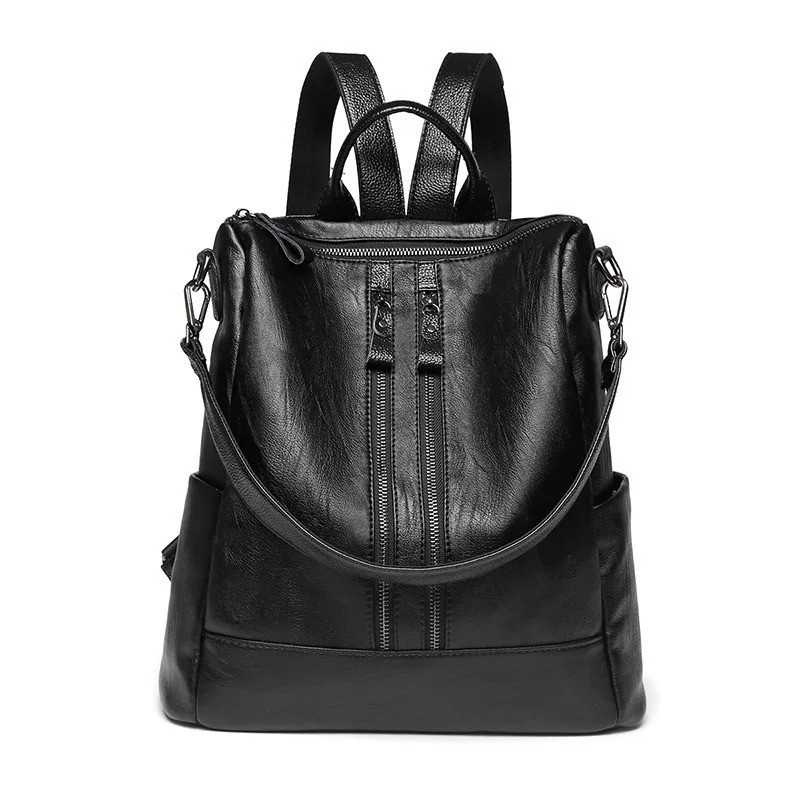 Women Black Soft Leather Backpack Multifunctional College School Travel Bag Free