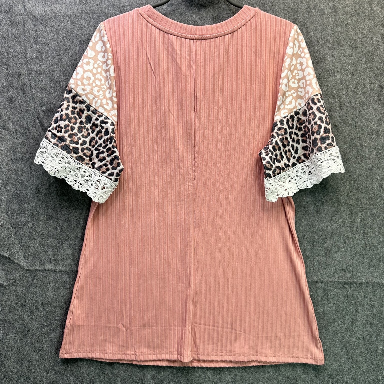 Women’s Pink Top Large Leopard Print Sleeve Lace Trim Cotton Blend