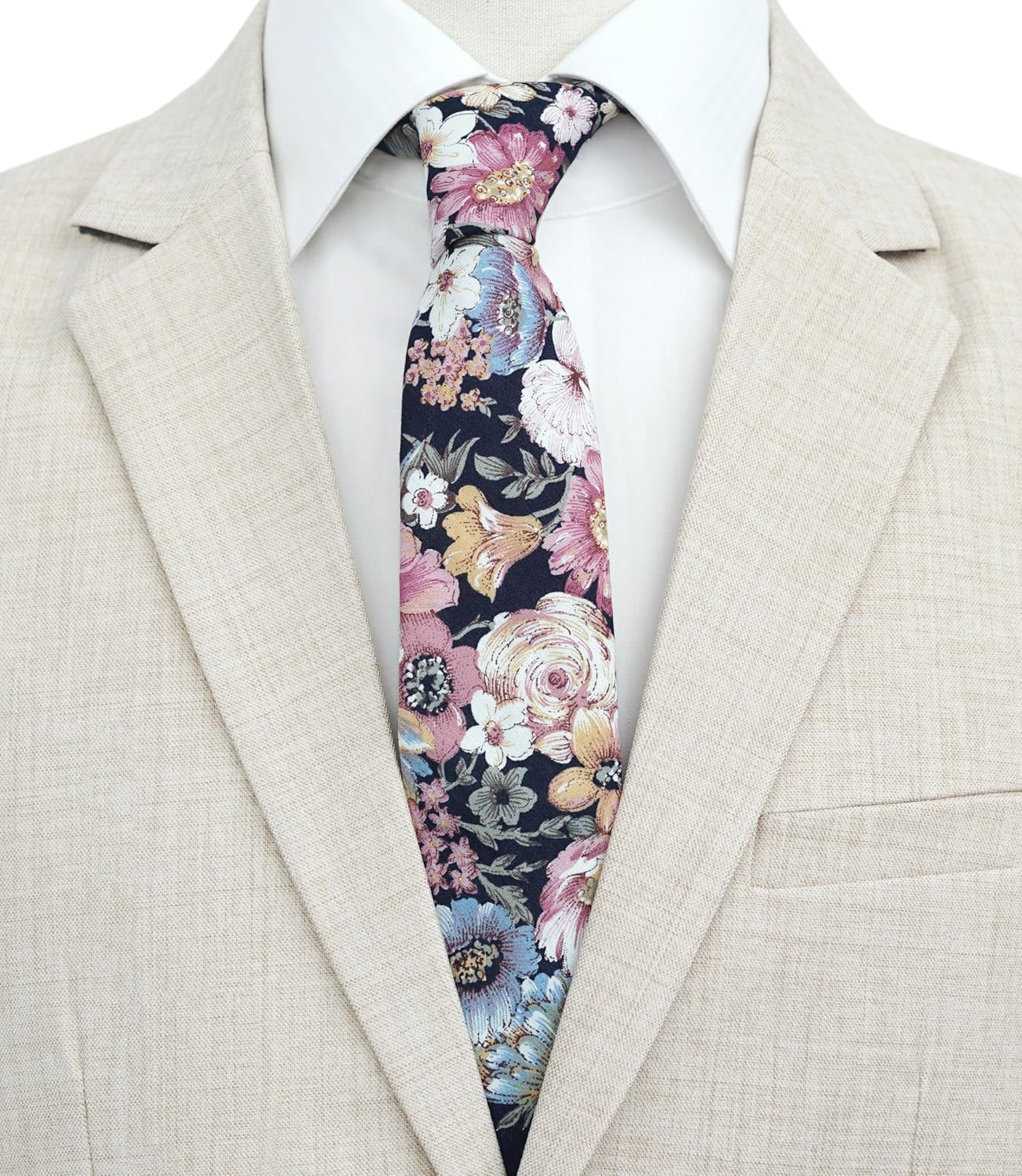 Cotton Floral Tie for Men, Skinny Flower Necktie for Wedding, Party, Activities,