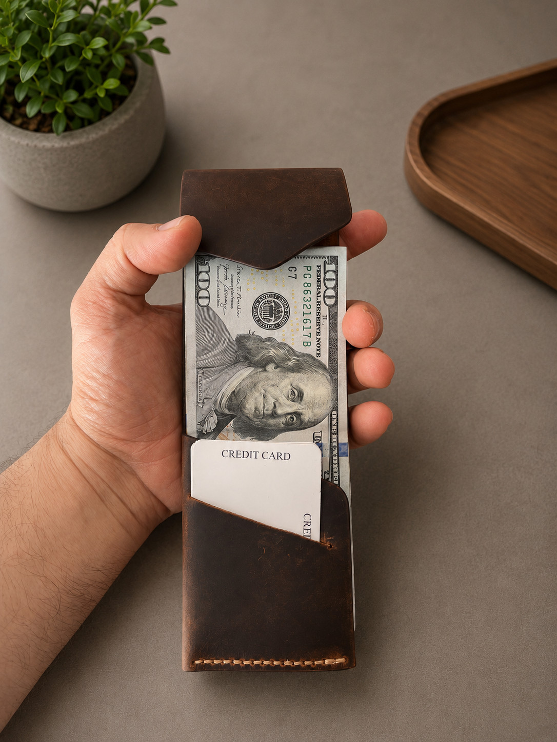 Leather Cash Wallet, Mens Minimalist Front Pocket Wallet, Slim Flap Wallet