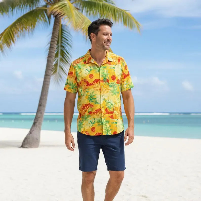 Hawaiian Shirt Men Yellow Leaf Print Aloha Beach Tropical Summer Vacation Party