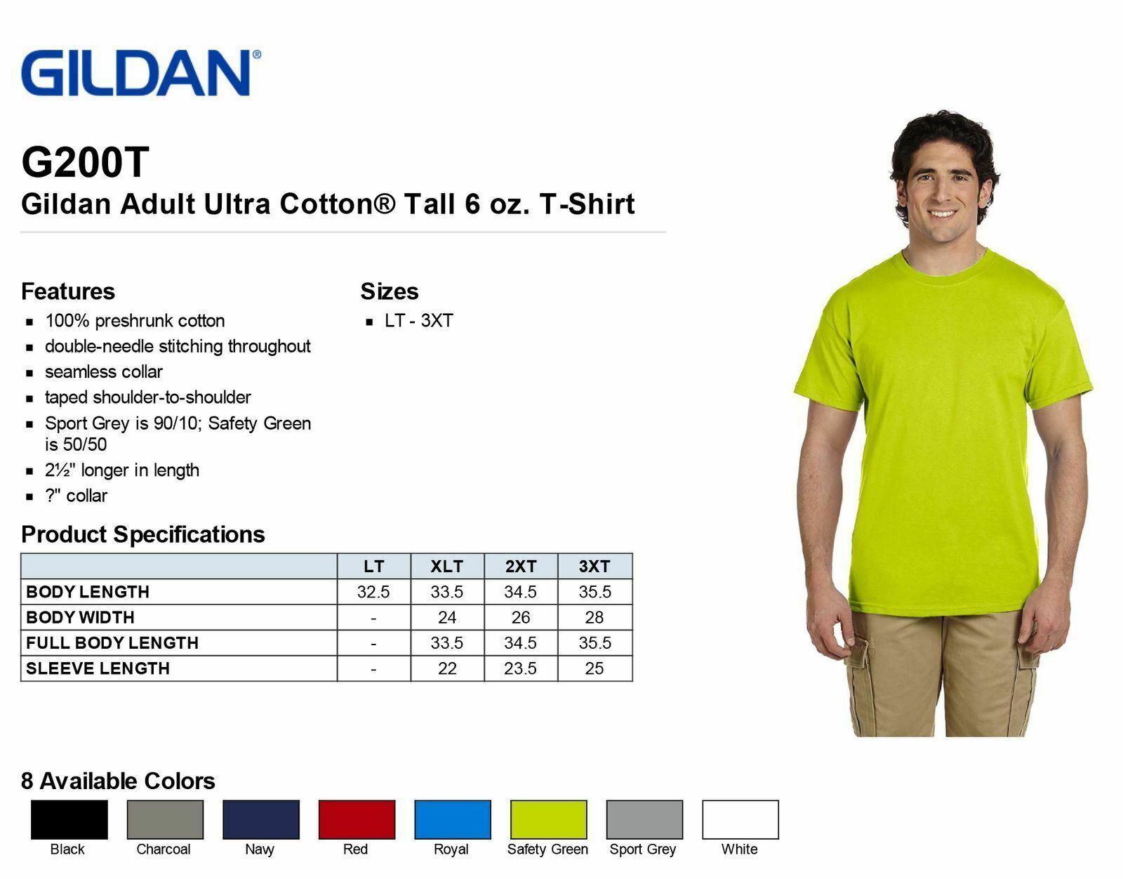 Gildan Men’s New TALL TEE 100% Cotton Short Sleeve T-Shirt XLT 2XLT 3XLT G200T