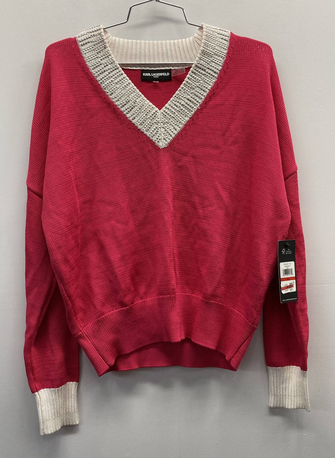 Karl Lagerfeld Womens V-Neck Sweater Red L4KSS787 Pearl Rhinestone XS NWT COA