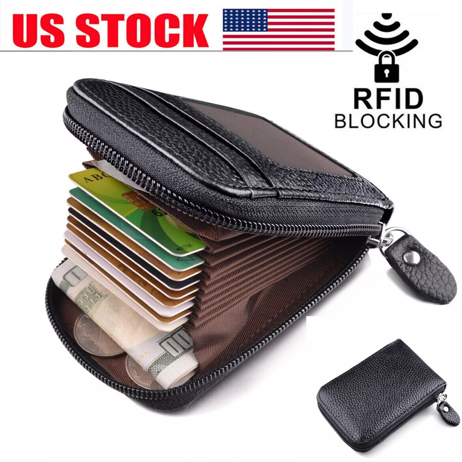 Leather Credit Card Holder RFID-Blocking Zipper Pocket Wallet with ID Window
