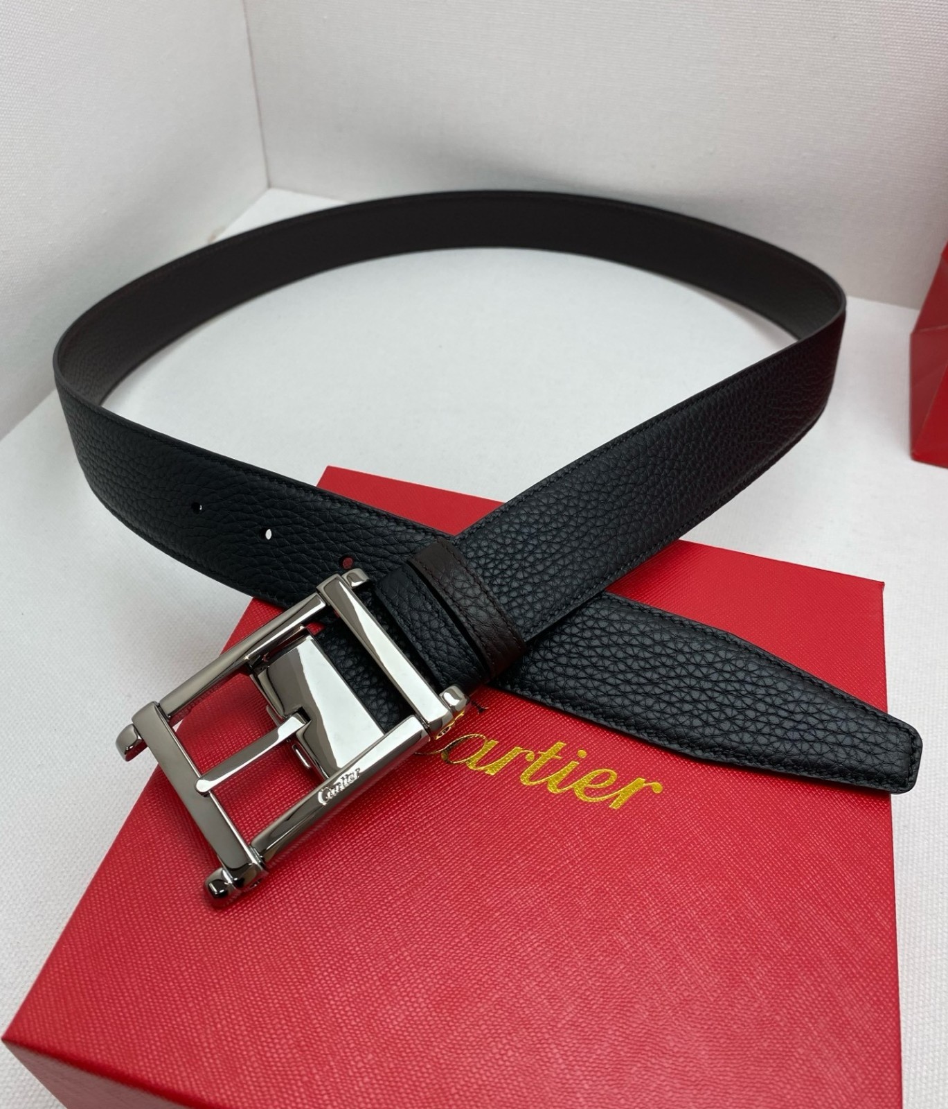 Cartier Black and brown double-sided cowhide men’s Lead colored buckle belt