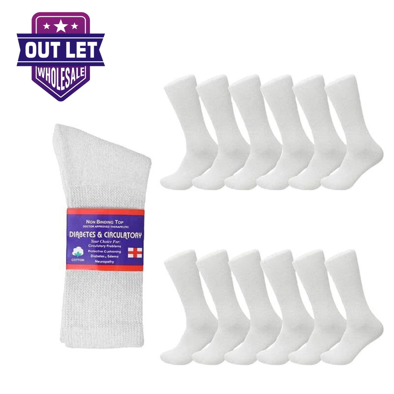 6-12 Pairs Health Circulatory Cotton Crew Diabetic Socks Size 9-11, 10-13, 13-15