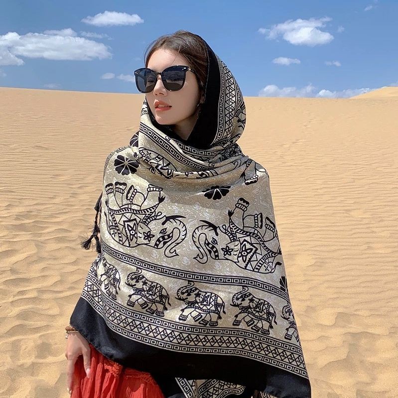 Elephant Print Scarf Shawl Wrap Ethnic Lightweight Cover for Summer Travel Sun
