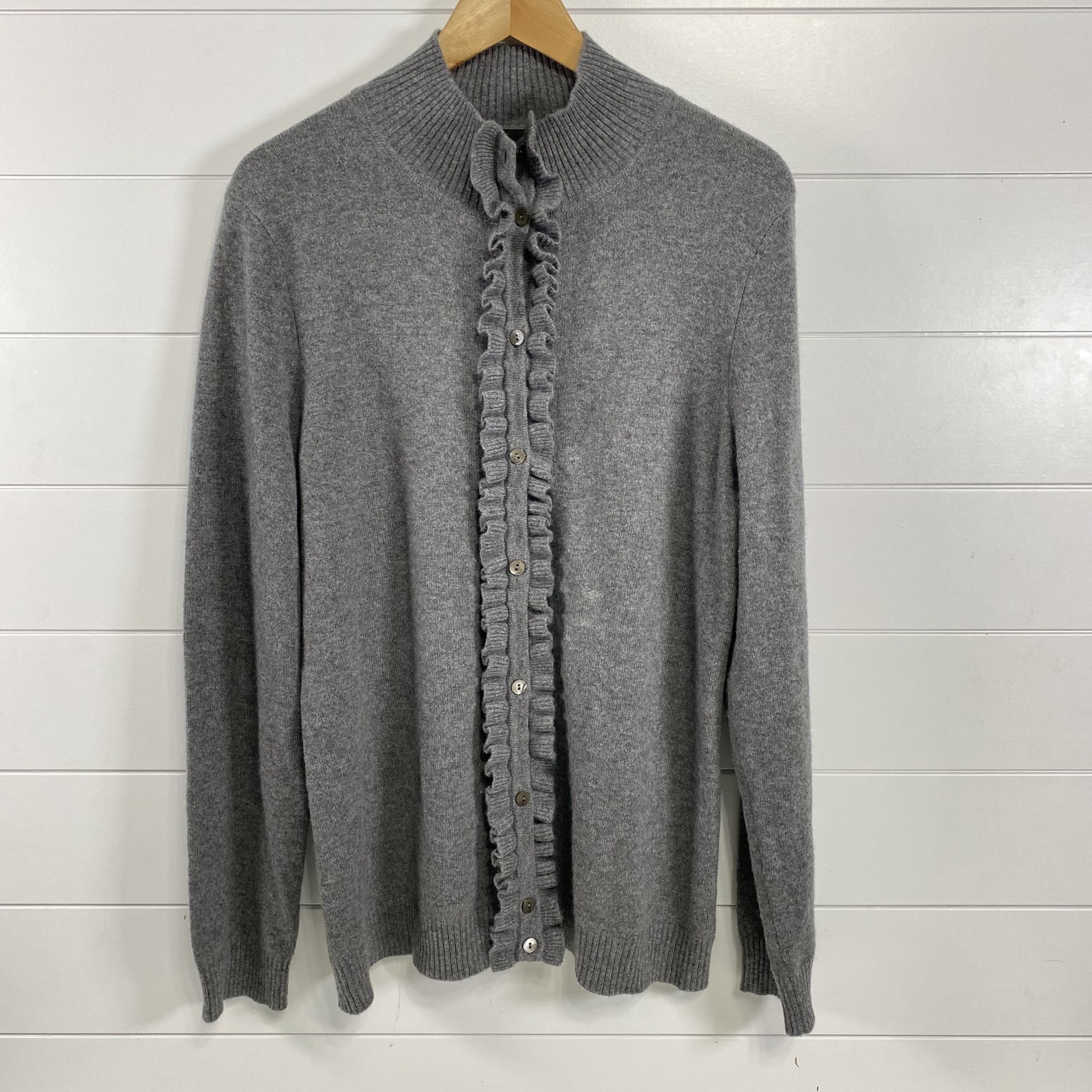 McDuff Sweater Womens XL Gray 100% Cashmere Ruffle Button Cardigan Pullover Soft