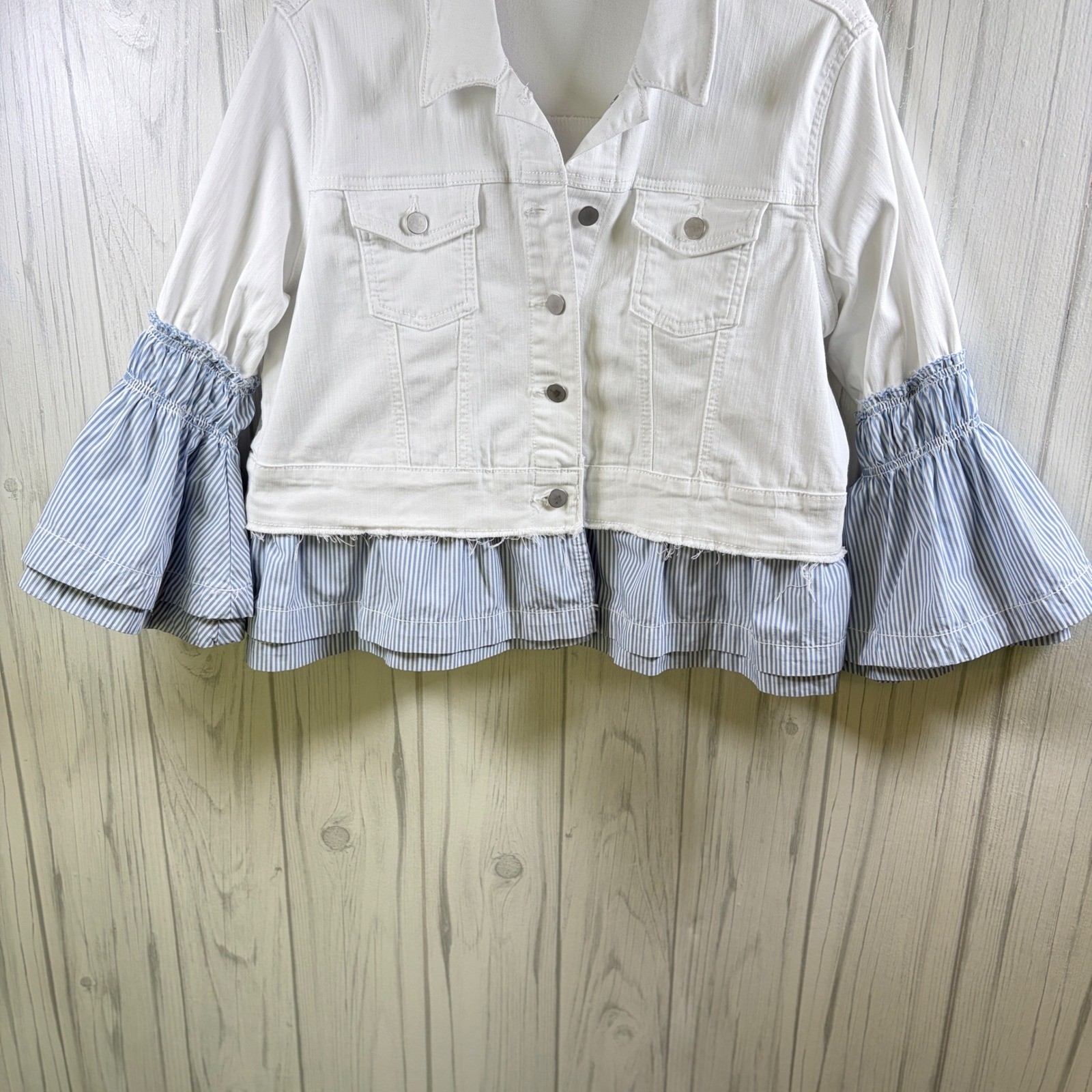 CROWN & IVY White Denim Jacket Blue Pinstripe Bell Sleeves and Hem, XLP