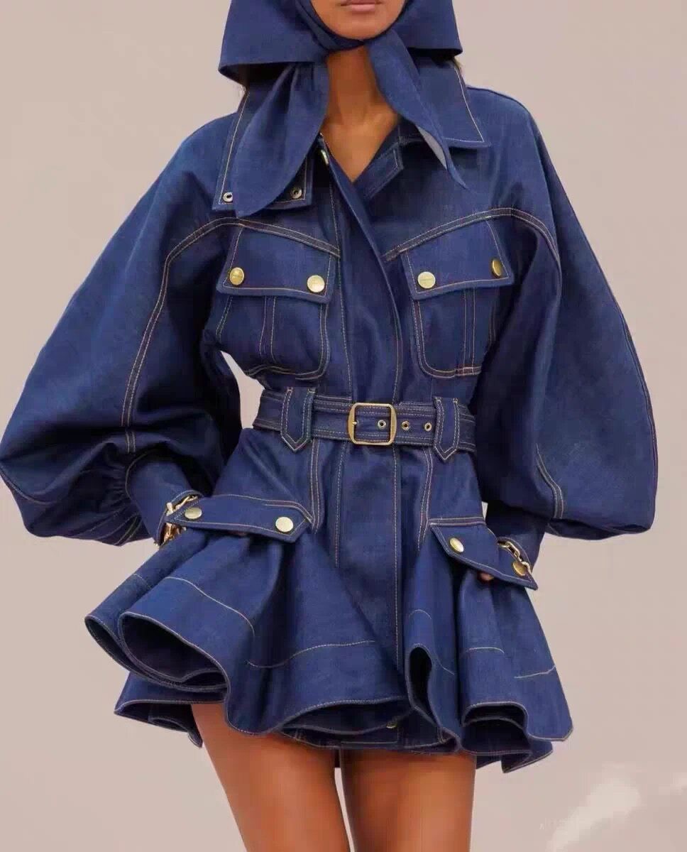 Zimmermann 2026 Spring Summer Runway Lantern Sleeve Denim Belted Puff Mini Dress