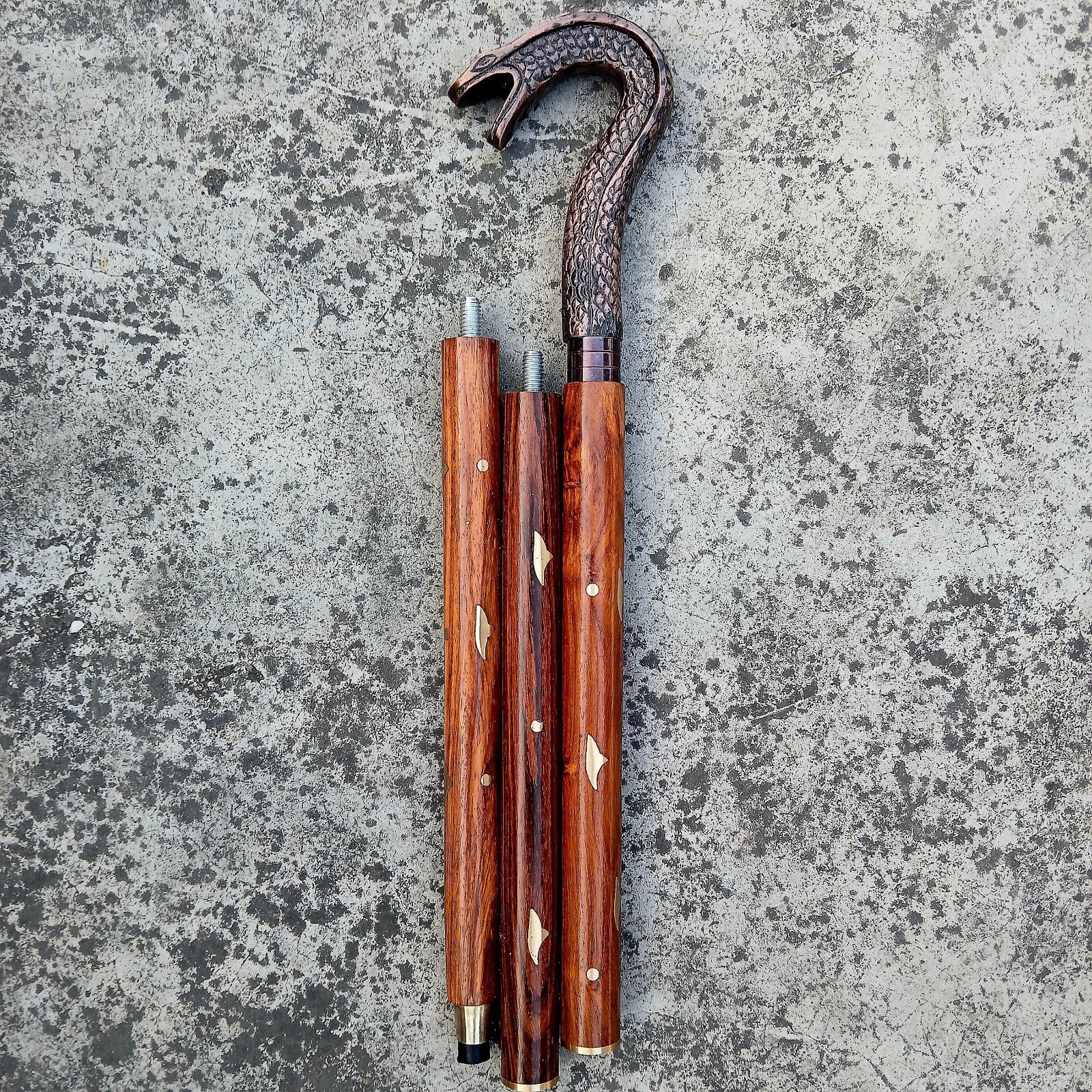Antique Vintage Brass Snake Head Walking Stick: Decorative Wooden Cane