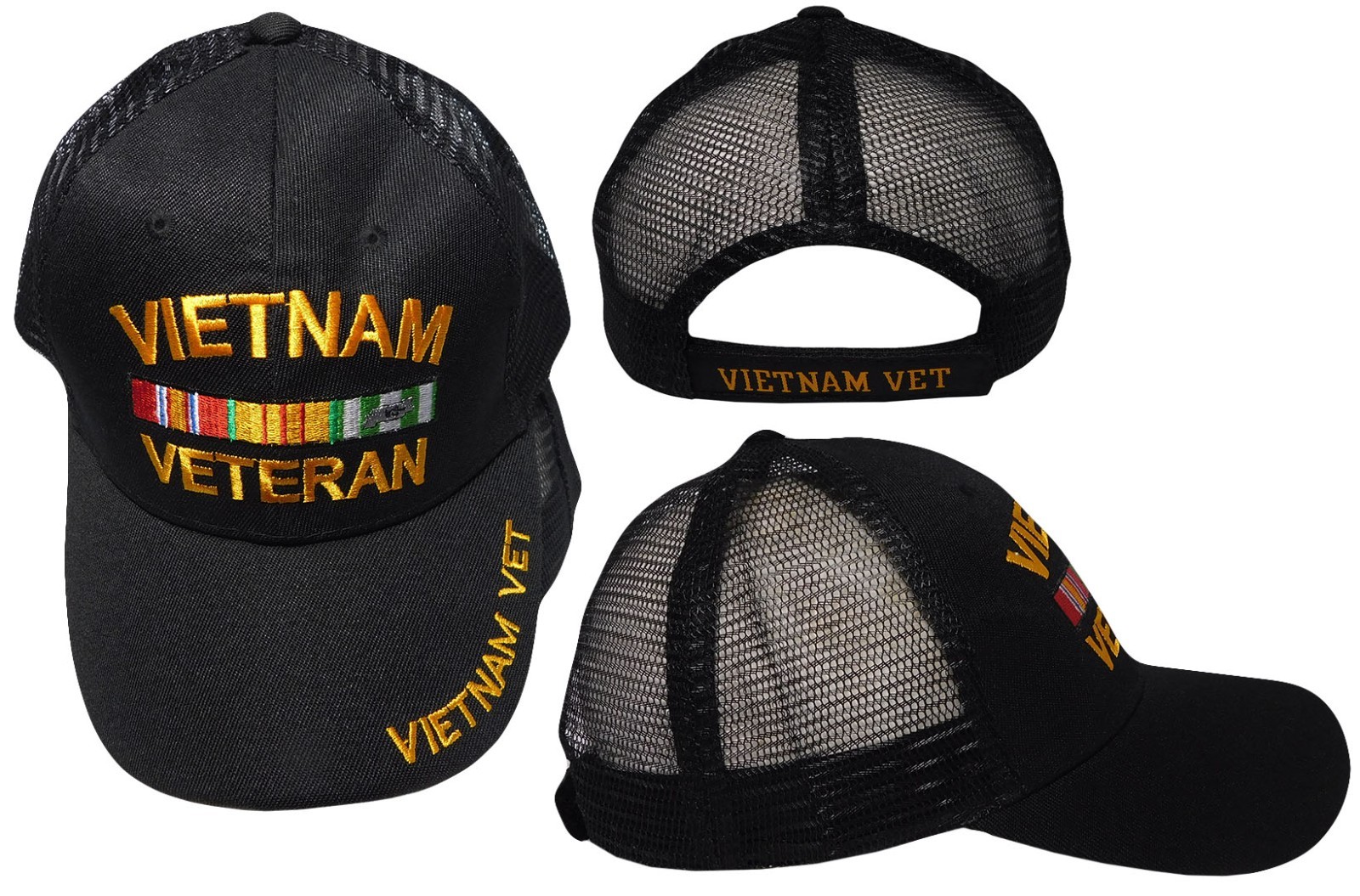 Vietnam Veteran Vet Ribbon Black Mesh Trucker Embroidered Hat Cap – Licensed