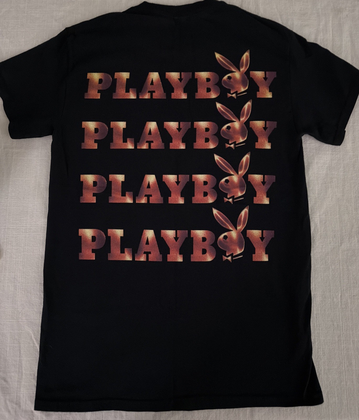 Playboy Shirt Mens S Black Repeat Logo Back Bunny Graphic Tee Tagless Cotton