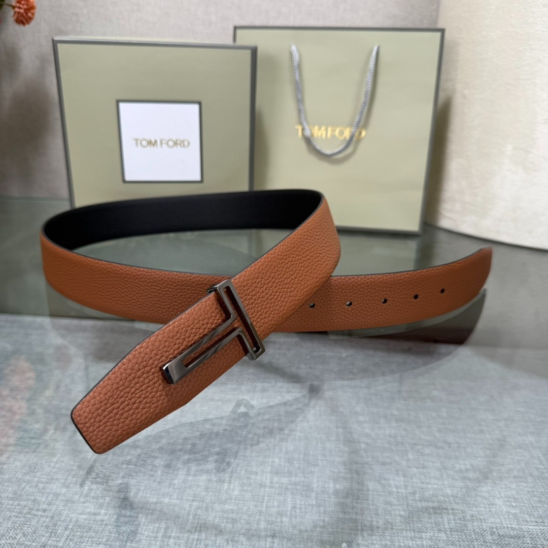 Tom Ford Belt Reversible T-Buckle Brown/Black Calfskin Leather Belt