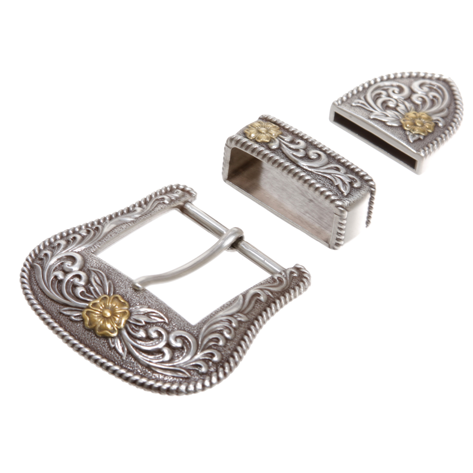 1 1/2″-3.8cm Western 3-Piece Silver/Gold Two-Tone Floral Belt Buckle Set