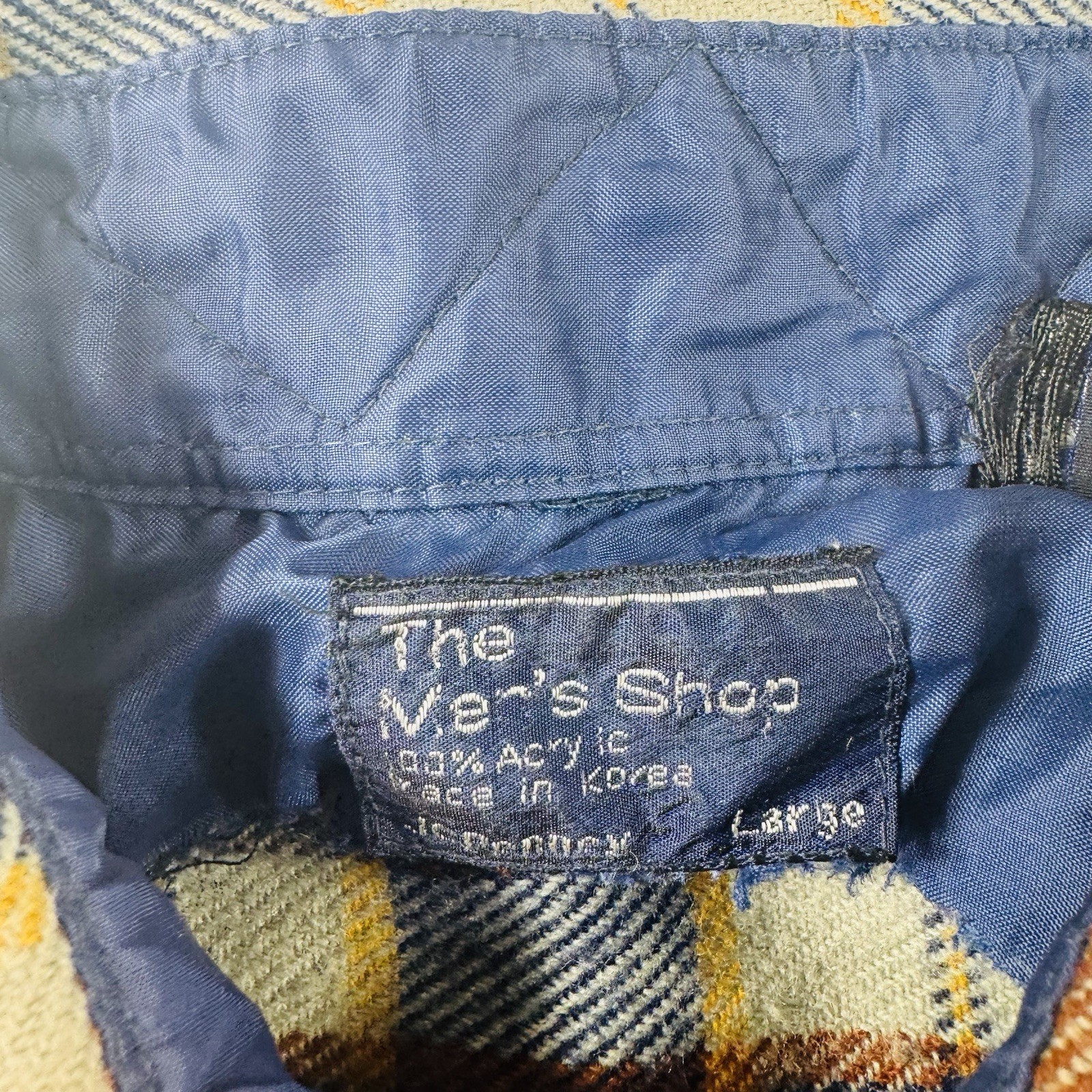 JC Penny Vintage Flannel Shirt 100% Acrylic Blue Beige Plaid Men’s Size Large