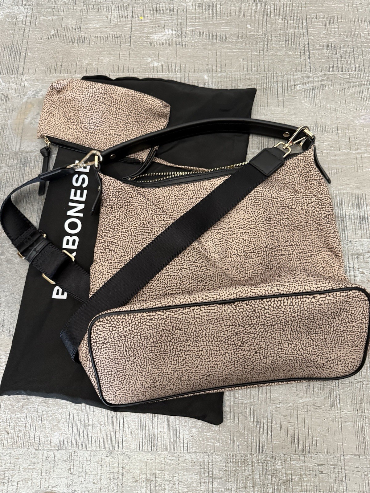Borbonese Beige/Black Logo Shoulder Bag Zip Top Detachable Strap w/ Dust Bag