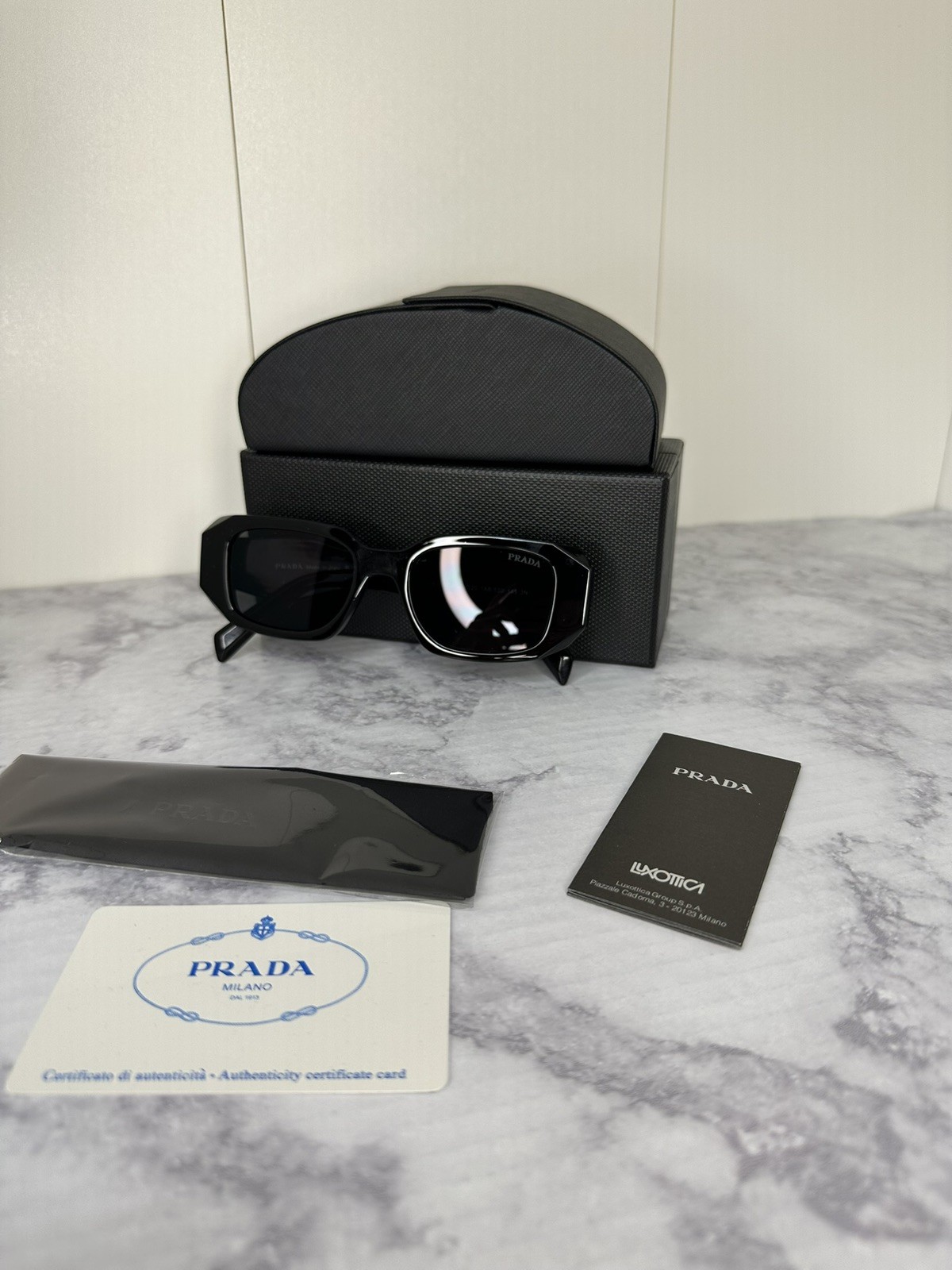PRADA SPR 17W-F Rectangle Sunglasses Black Frame Gray Tinted Lens
