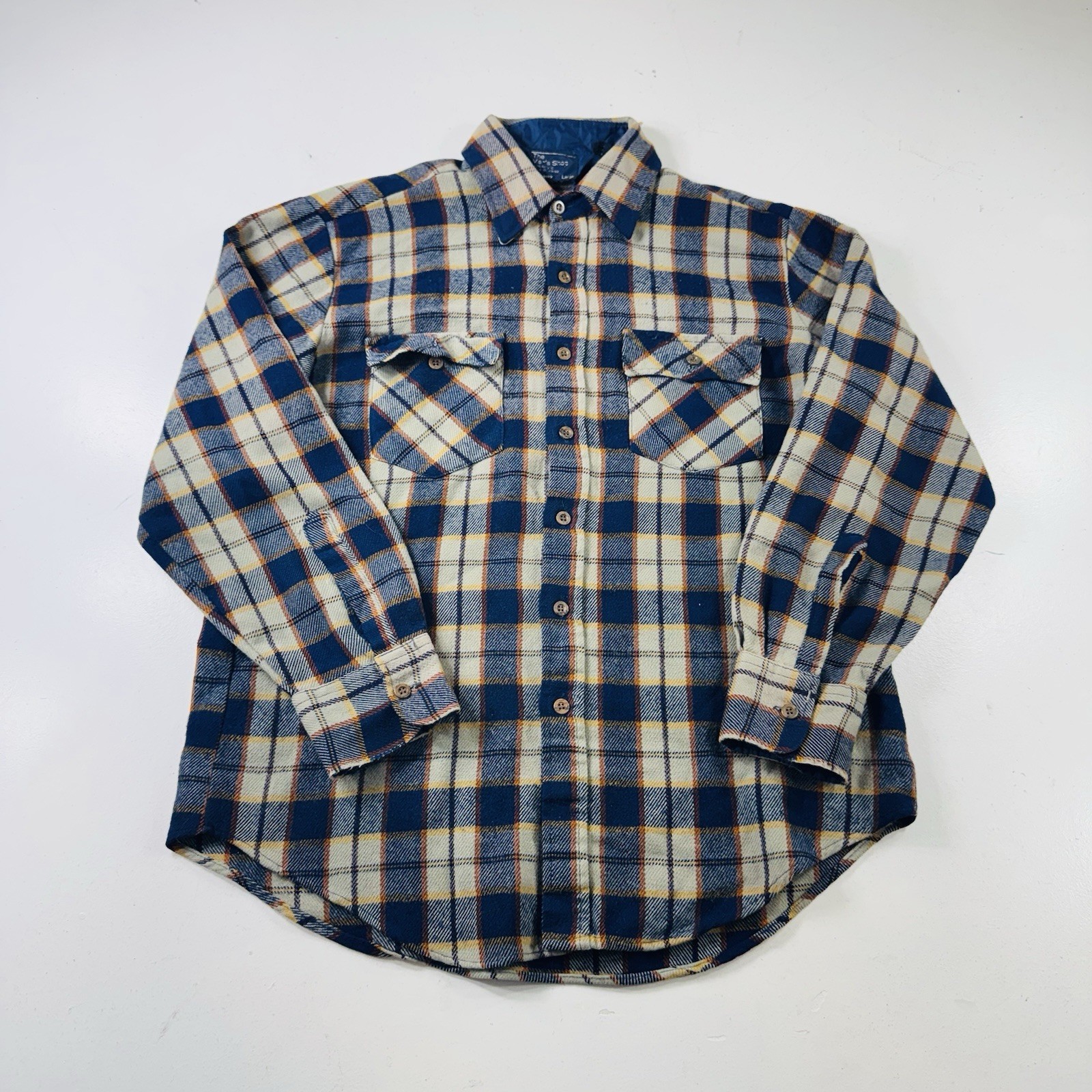 JC Penny Vintage Flannel Shirt 100% Acrylic Blue Beige Plaid Men’s Size Large