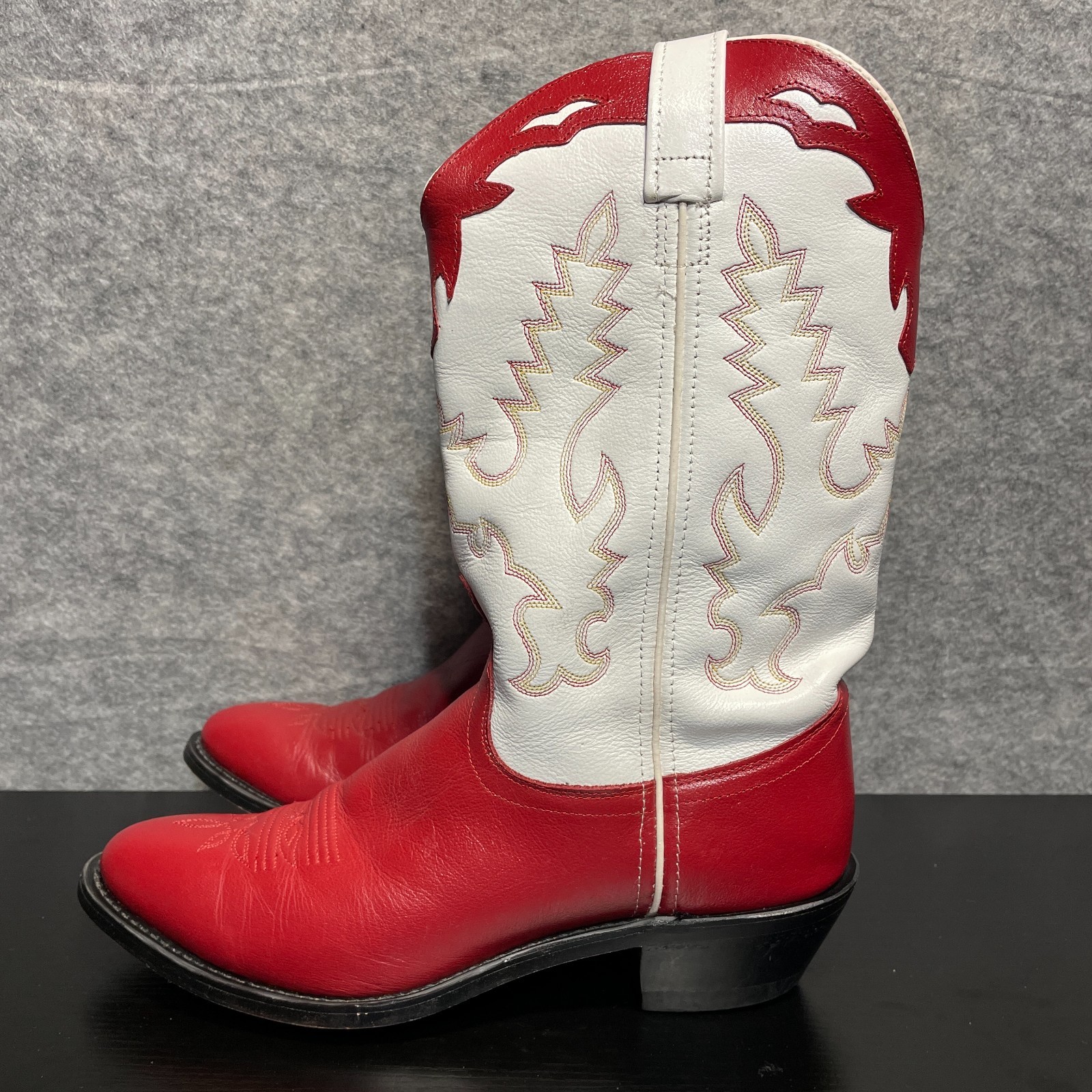 Vintage Western Cowboy Boots Women’s 8.5 Red White Leather Pull On Pointed Toe