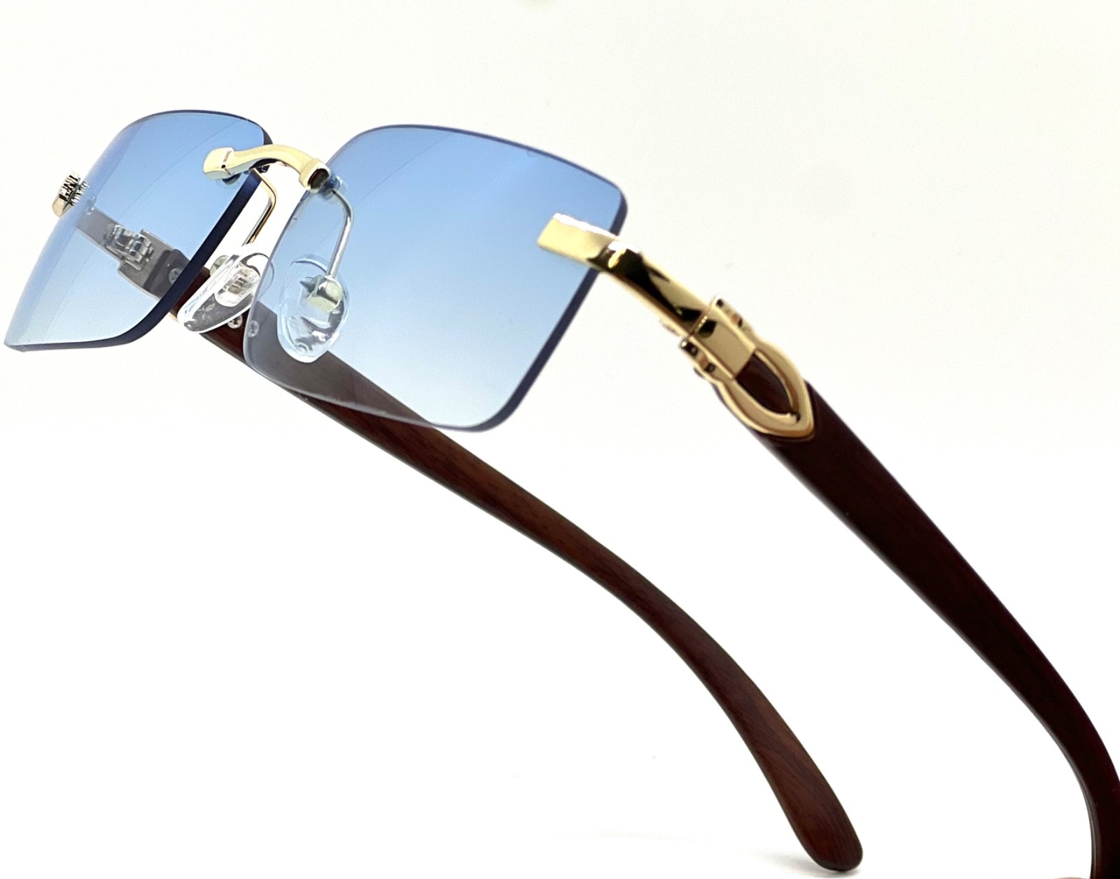 Black Tint Mens Rectangle Luxury Hip Hop Fashion Gold Frame Rimless Sunglasses