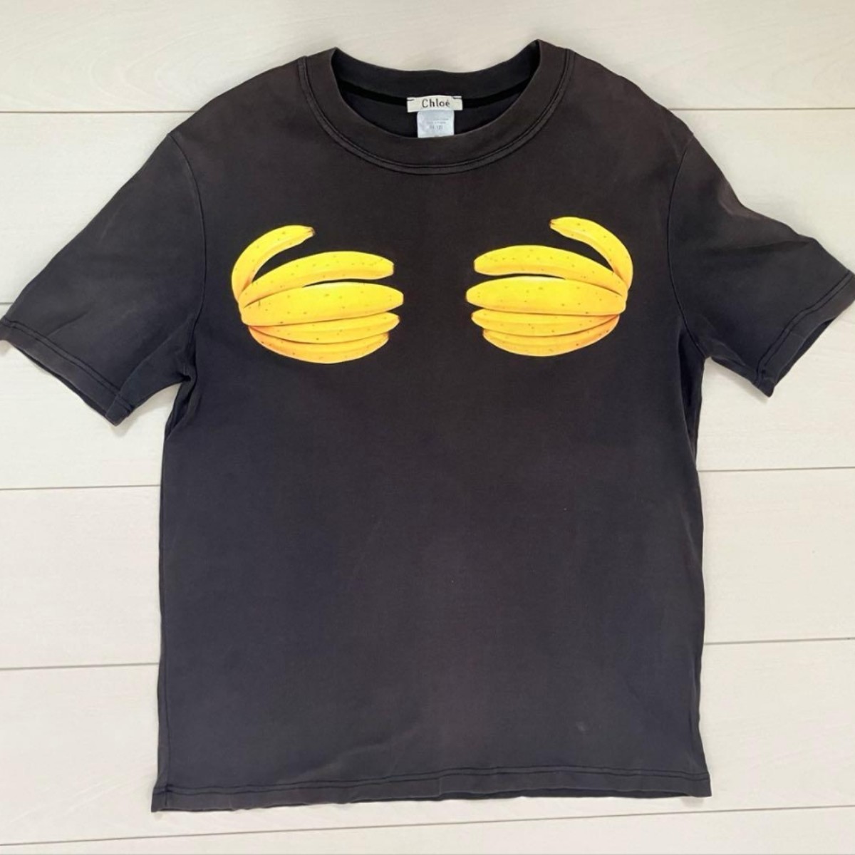CHLOE Black Banana Print Cotton T Shirt Short Sleeve Crew Neck Size S
