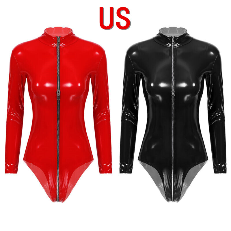 US Women’s Wet Look PVC Leather Bodysuit Long Sleeve Zipper Crotch Clubwear