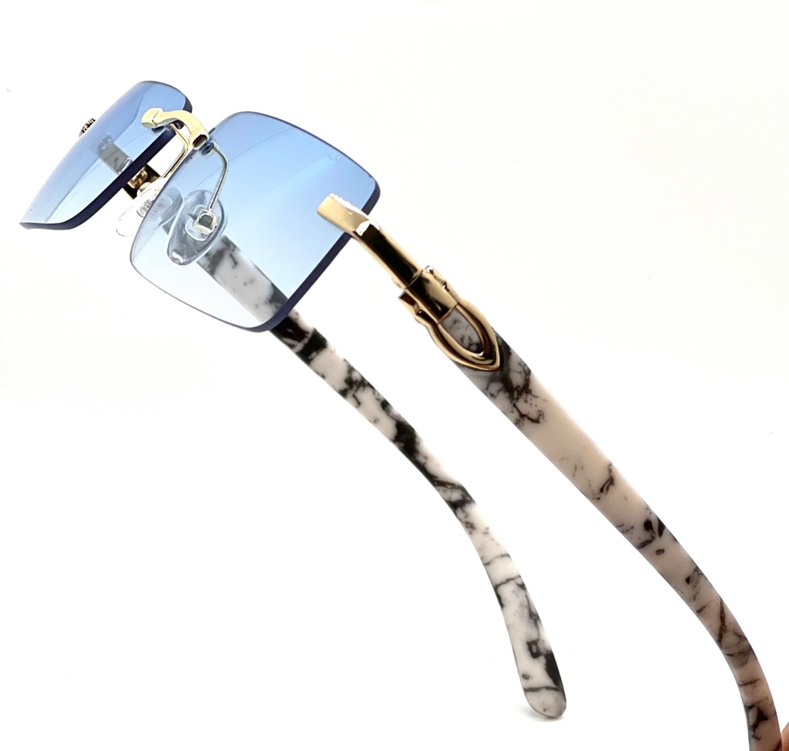 Black Tint Mens Rectangle Luxury Hip Hop Fashion Gold Frame Rimless Sunglasses