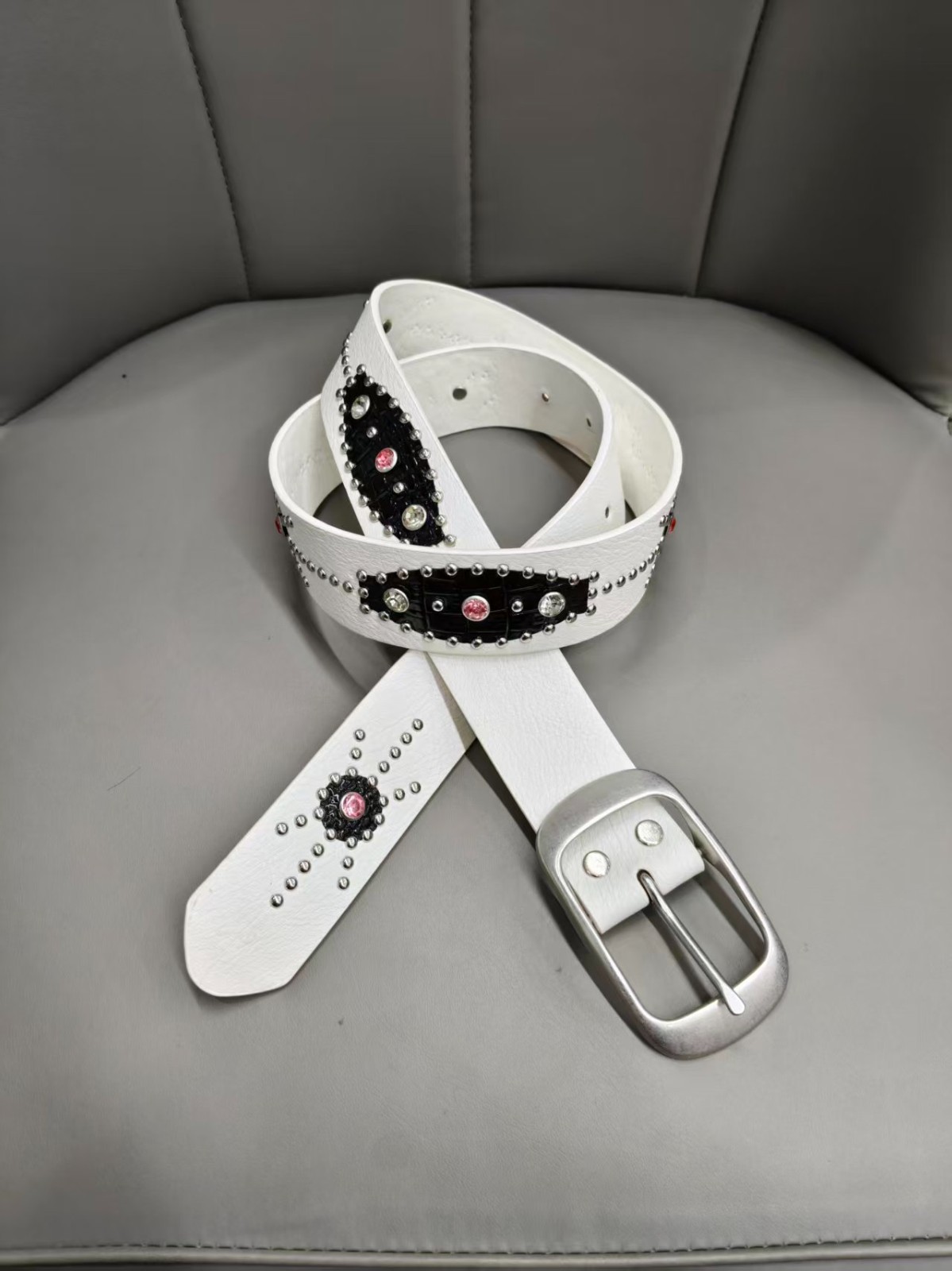 White Western Rhinestone Studded PU Leather Belt – Y2K Cowgirl Bling Buckle Wais