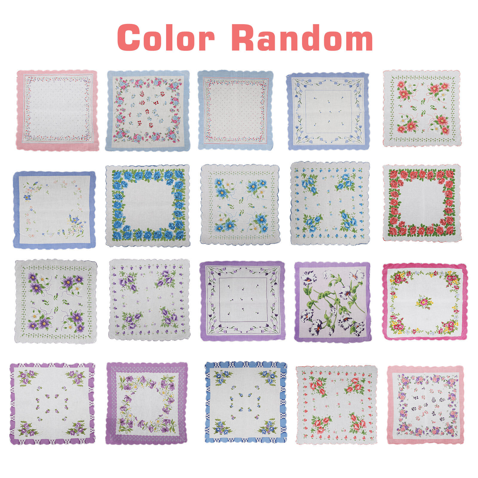 20Pcs Lady Handkerchiefs,100% Cotton Soft Pocket Square, Vintage Flower Hankies