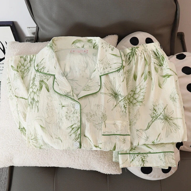 Chinese Style Ink Bamboo Print 2 Pieces Pajamas Casual Turn-Down Collar Homewear