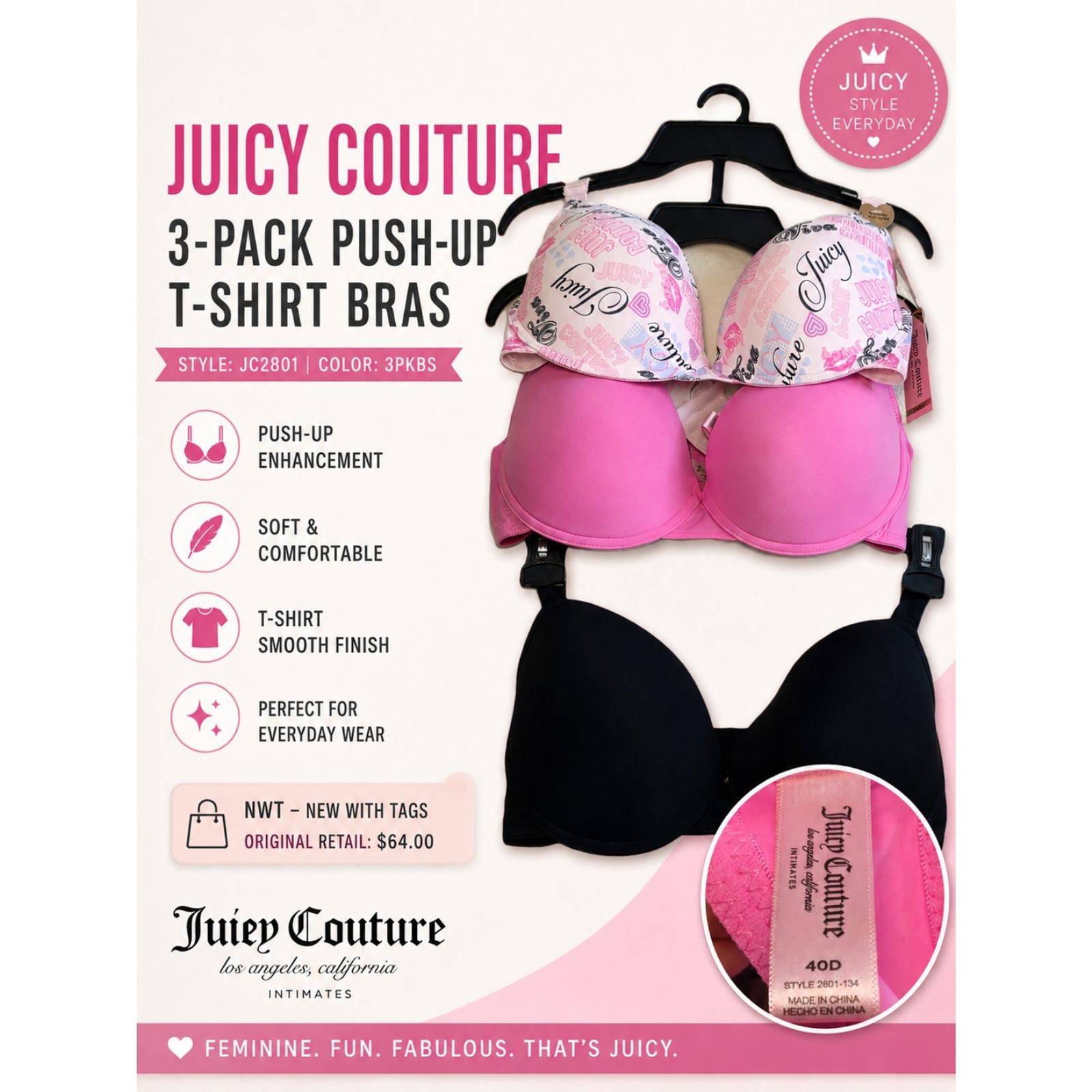 Juicy Couture 3-Pack Push-Up T-Shirt Bras NWT Size 40D