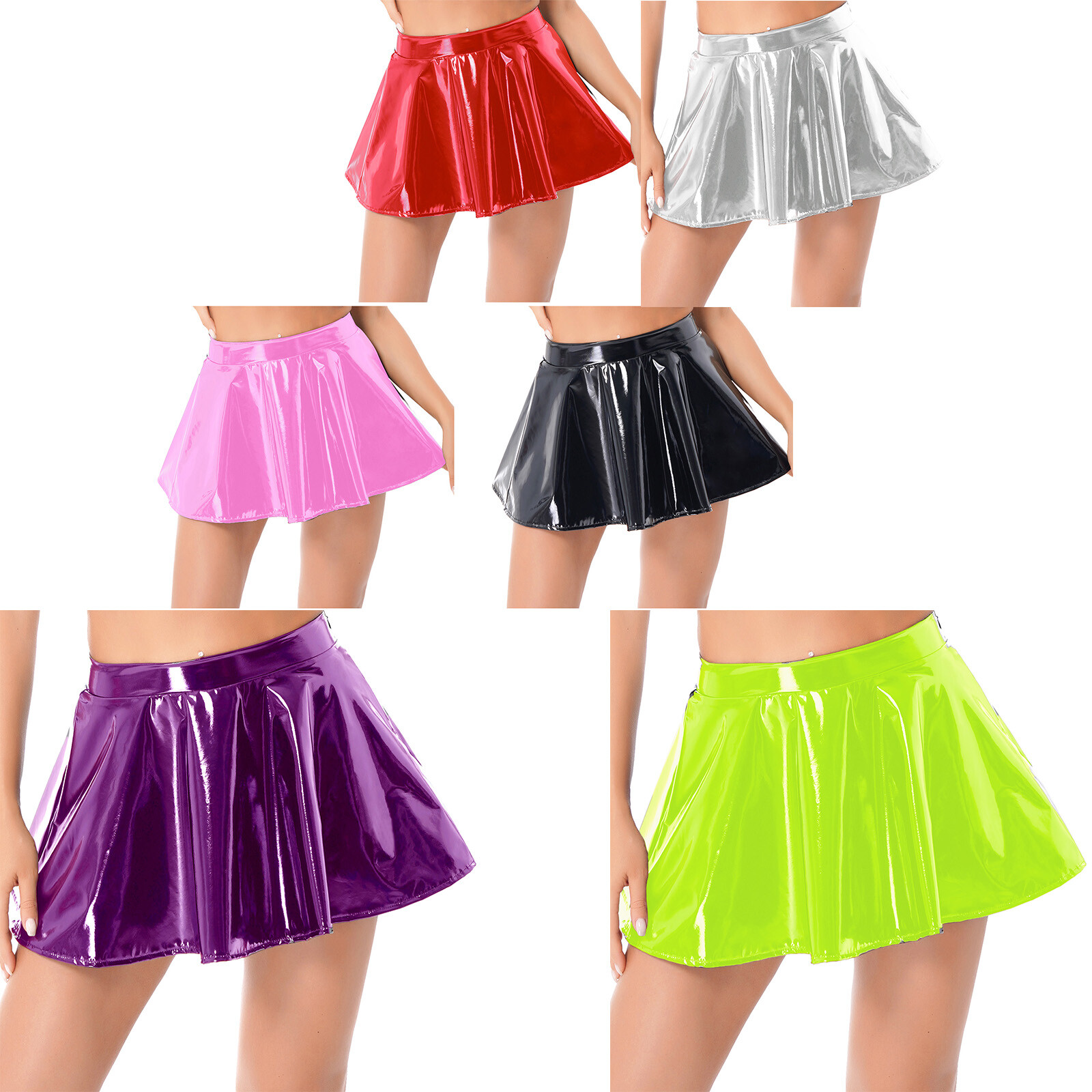 US Women PVC Leather Wet Look Flared Pleated Mini Skater Skirts A-Line Skirts