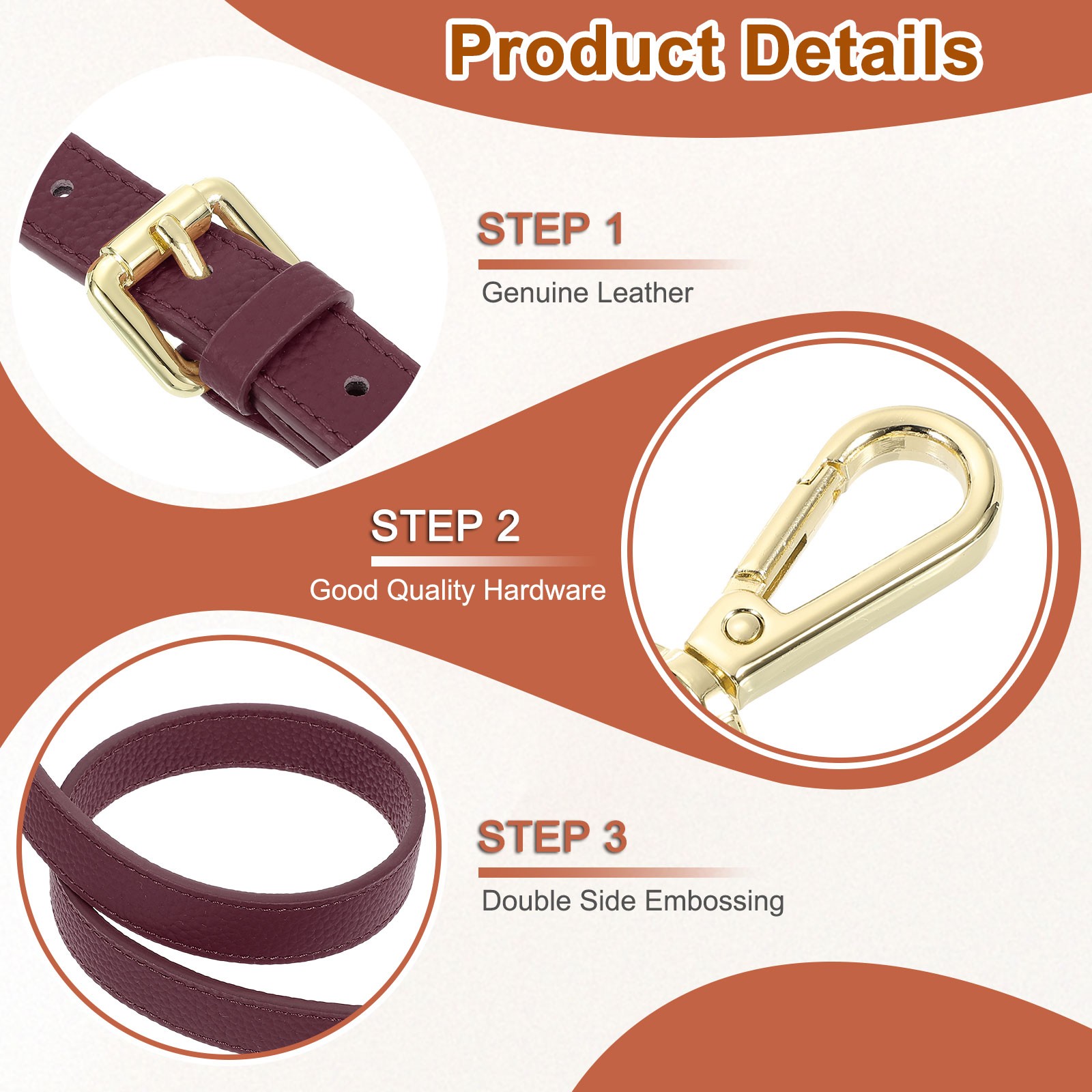 0.7″ Genuine Leather Purse Strap for Bag Burgundy Gold Buckle