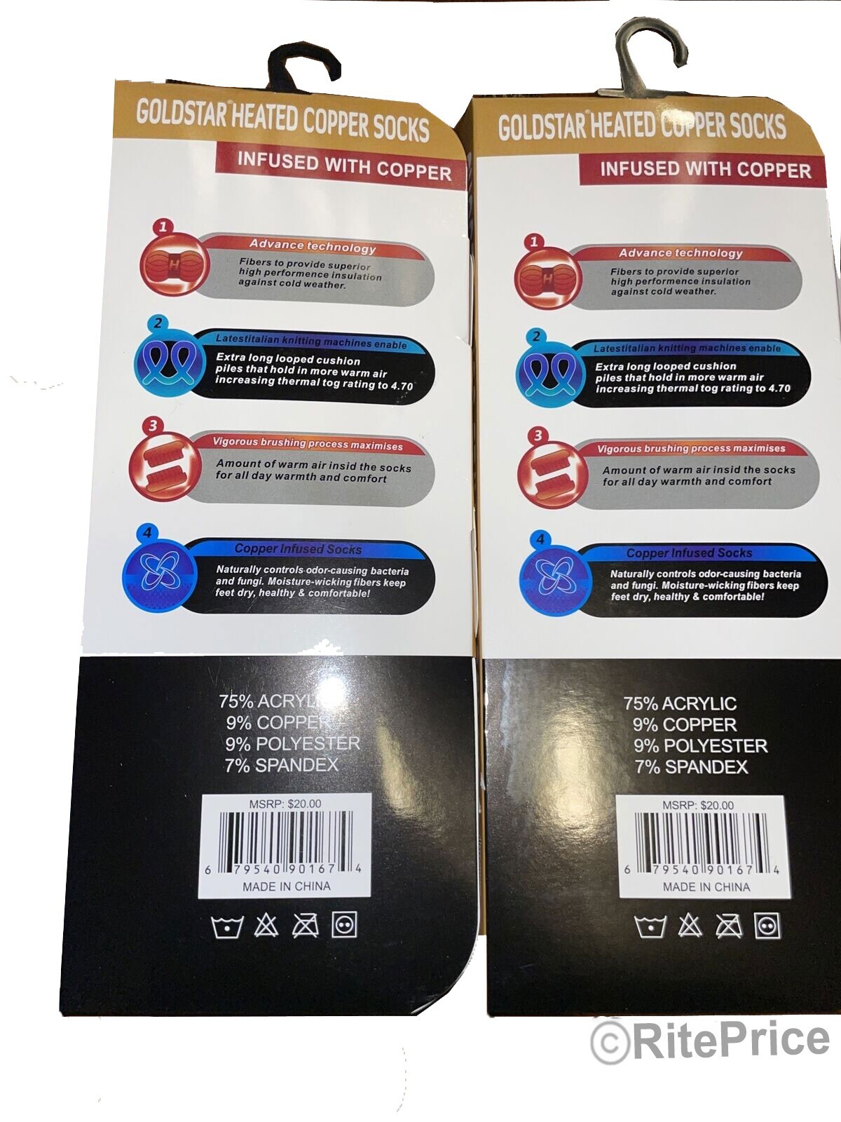 2 Pairs (2 Pack) Goldstar Heated Copper Socks Black Tog Rating 4.7 (Size: 9-15)