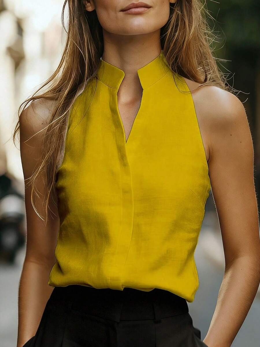 Notched Neck Tank Top Button Casual Sleeveless Linen Look Blouse Shirt New