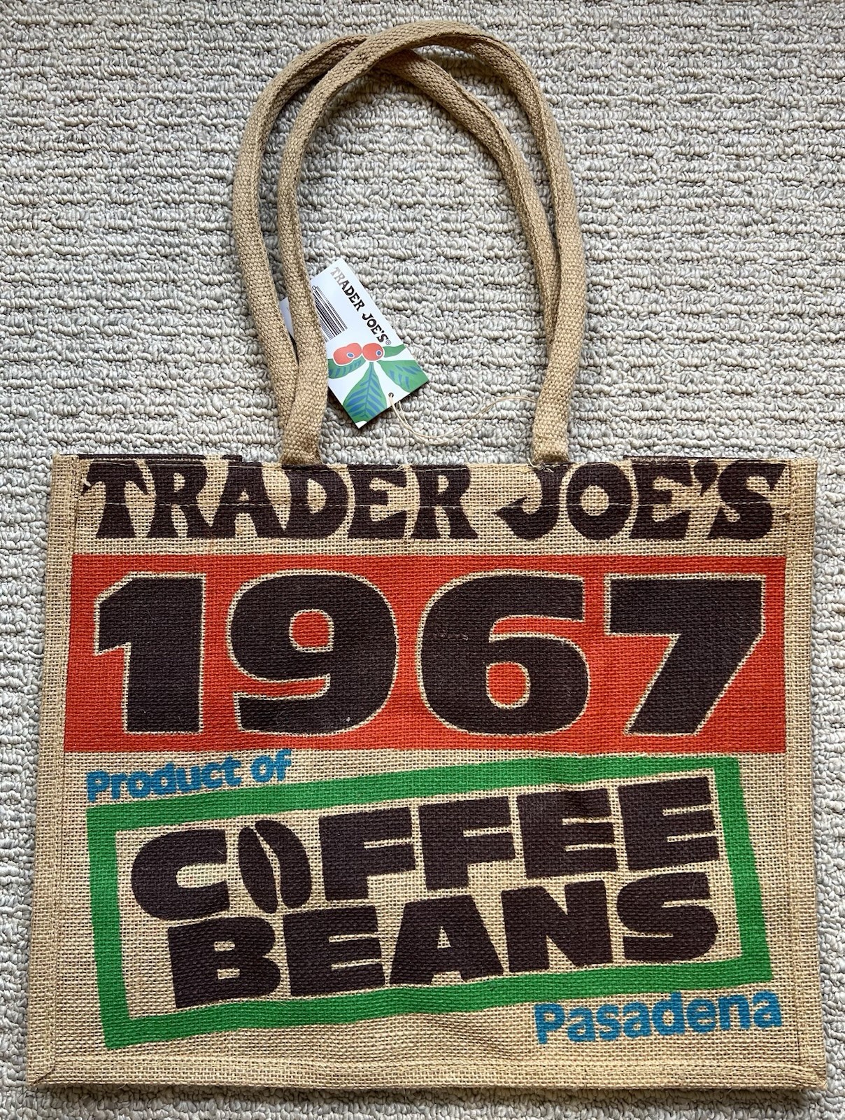 TraderJoe’s Limited Edition 17″ Coffee Beans 1967 Brown Burlap Tote Bag
