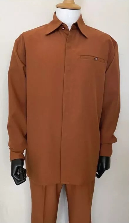 Men’s 2pc Walking Suit Long Sleeve Casual Shirt & Pants Set Solid Color