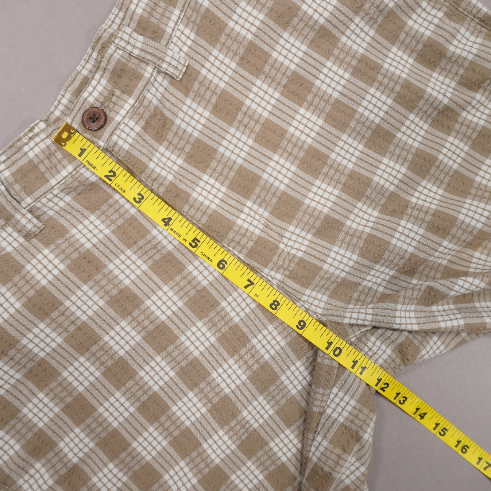 Patagonia Puckerware 8″ Shorts Plaid Mens 32 Beige White Poly Cotton 57780 EUC