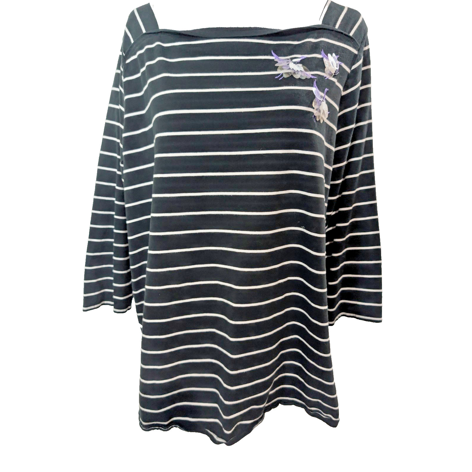 Ava Viv Women’s Striped Top Blouse Shirt Size 2X Black Cotton 3/4 Sleeve Sequins