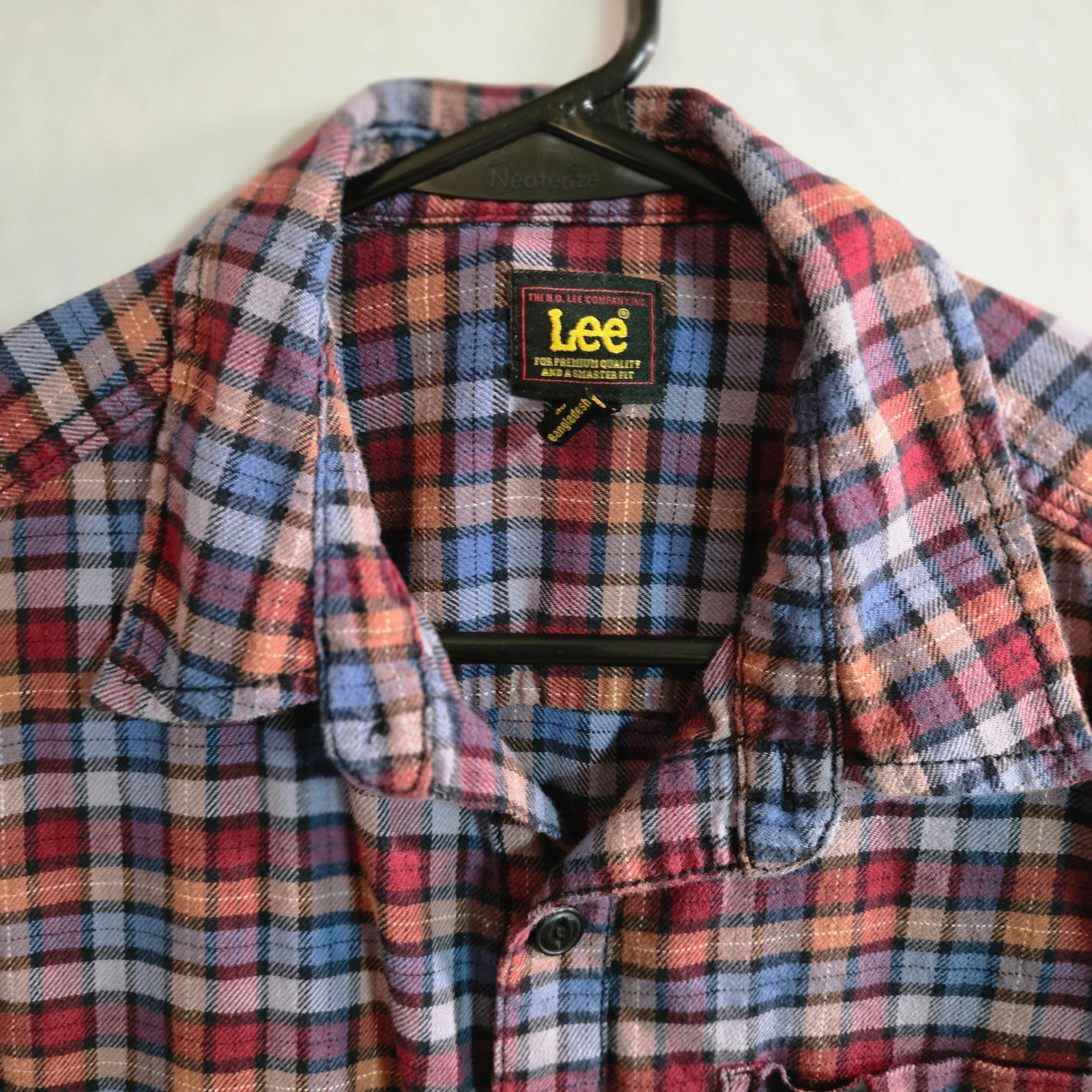 Lee Mens Plaid Flannel Button Down Shirt Medium Red Blue Orange 112339792