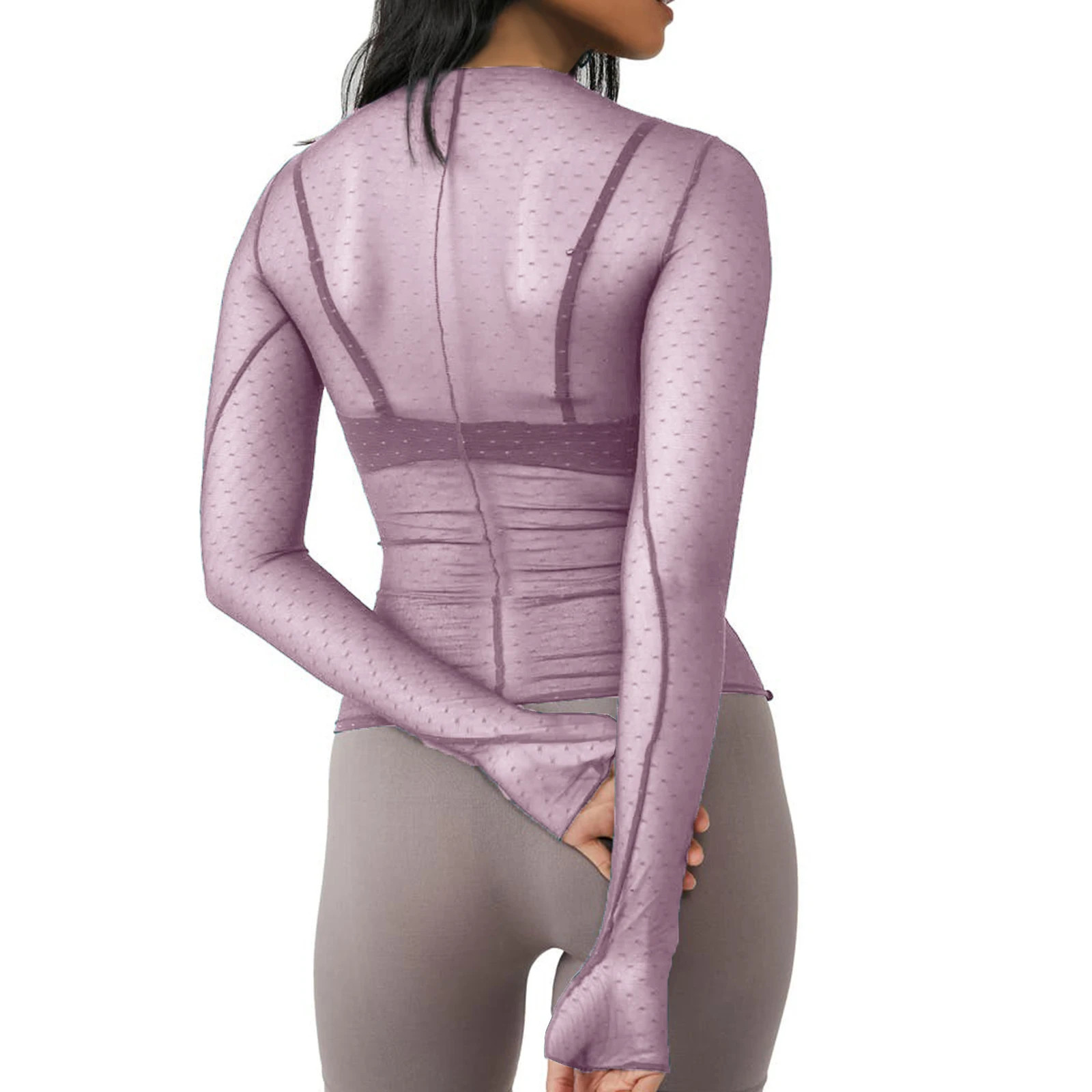 Women Long Sleeve T-shirt Casual Crew Neck Dots See-through Slim Fit Sheer Tops